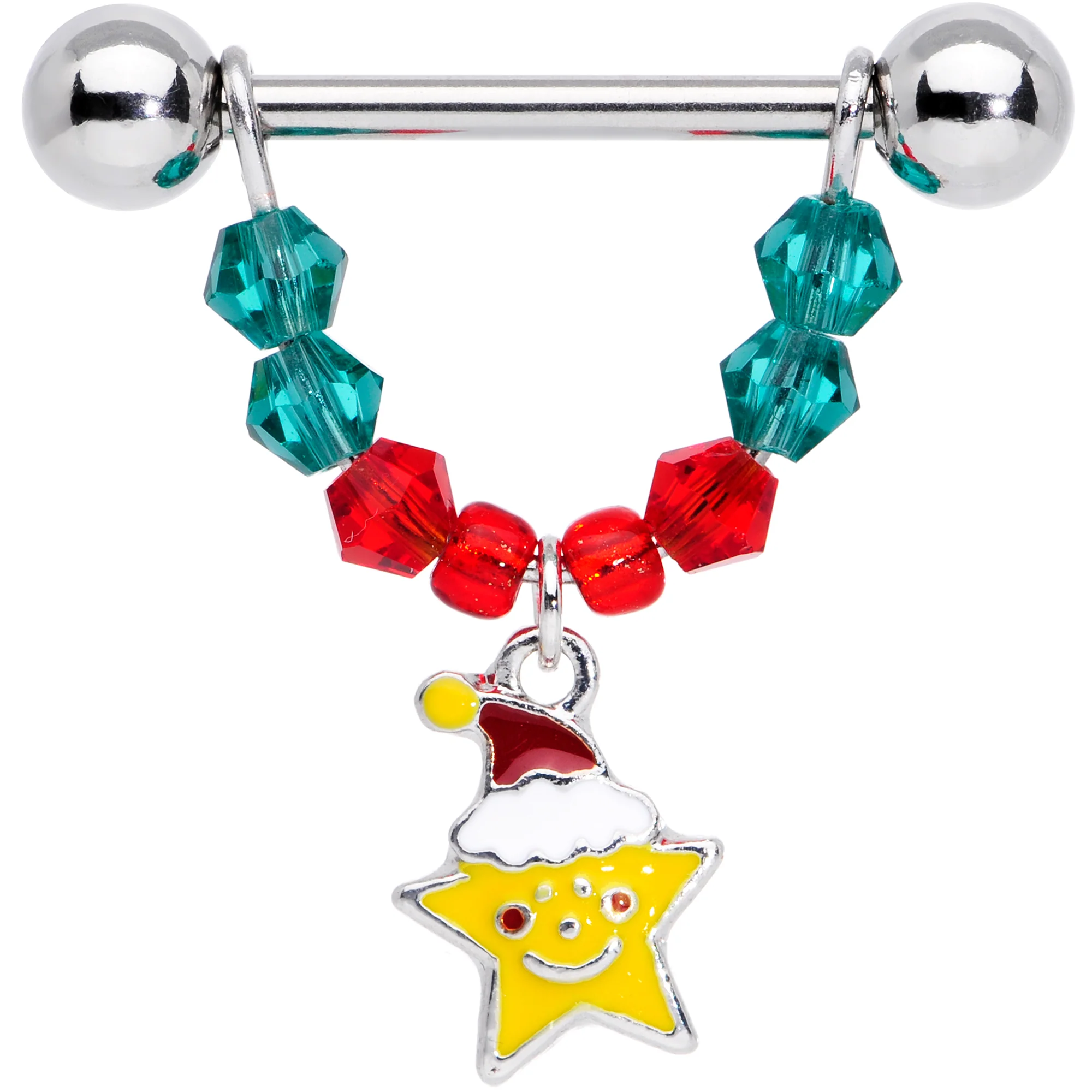 14G 9/16 Red Green Gem Star Moon Christmas Dangle Nipple Ring Set - Image 2