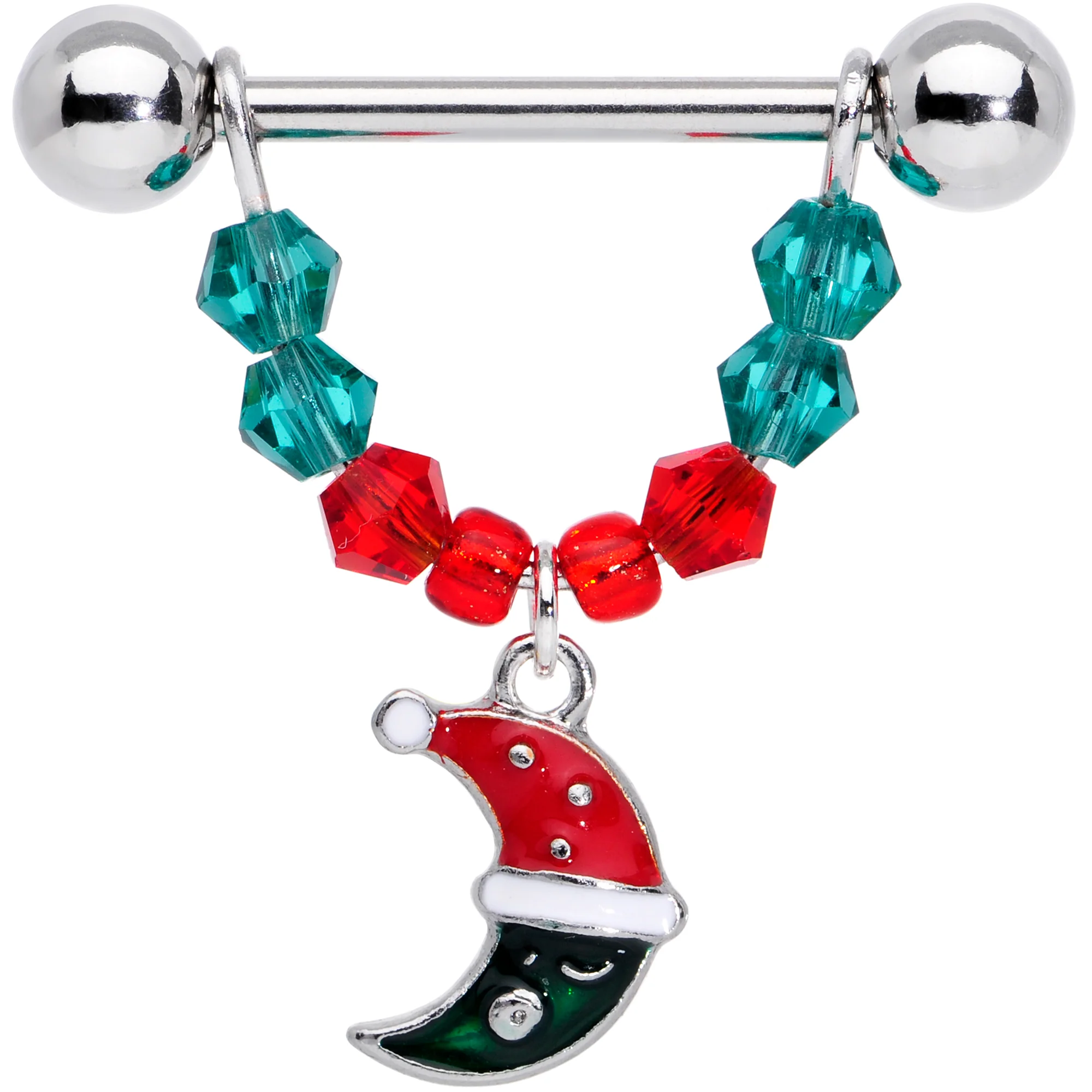 14G 9/16 Red Green Gem Star Moon Christmas Dangle Nipple Ring Set - Image 3