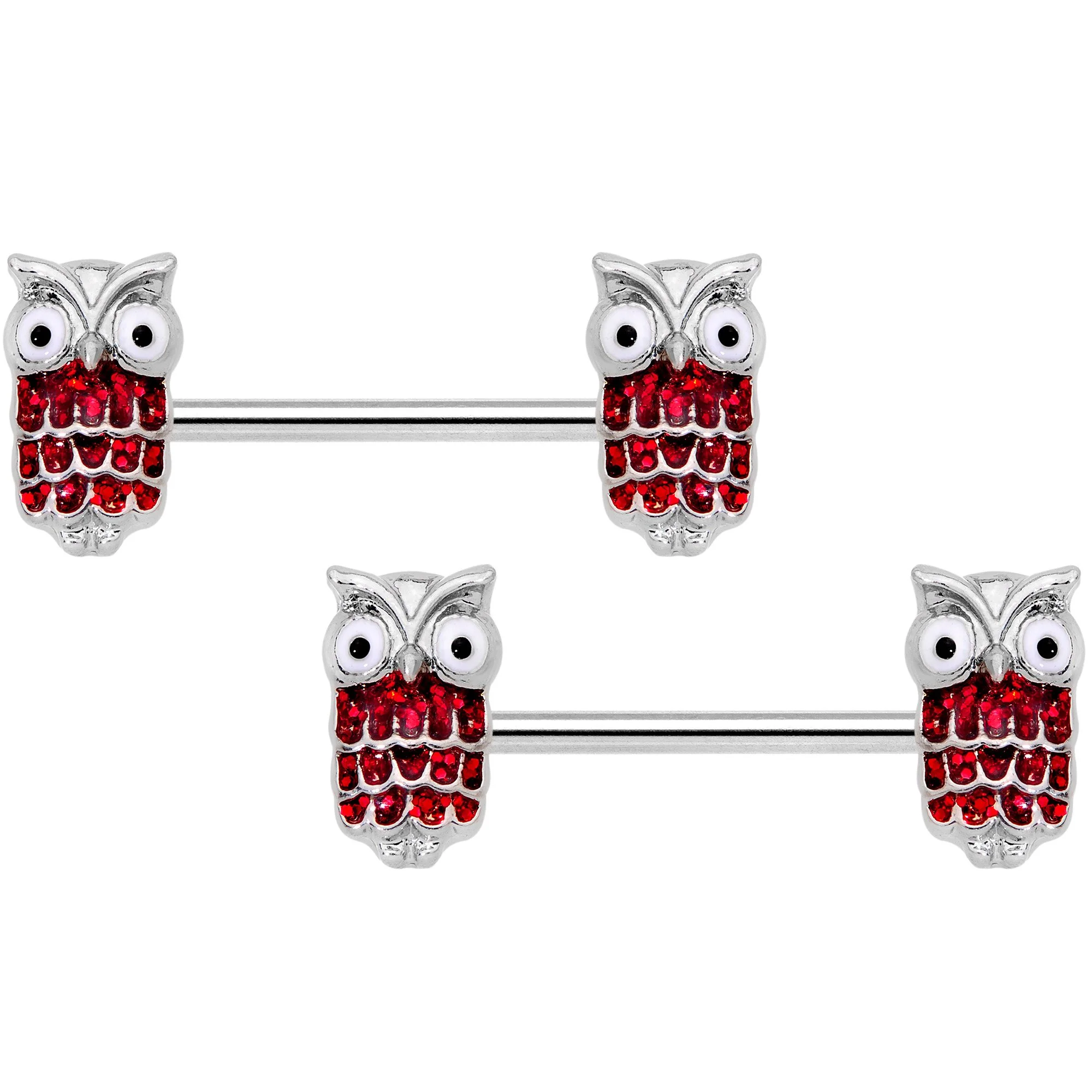 14G 9/16 Red Happy Holiday Hoot Owl Barbell Nipple Ring Set
