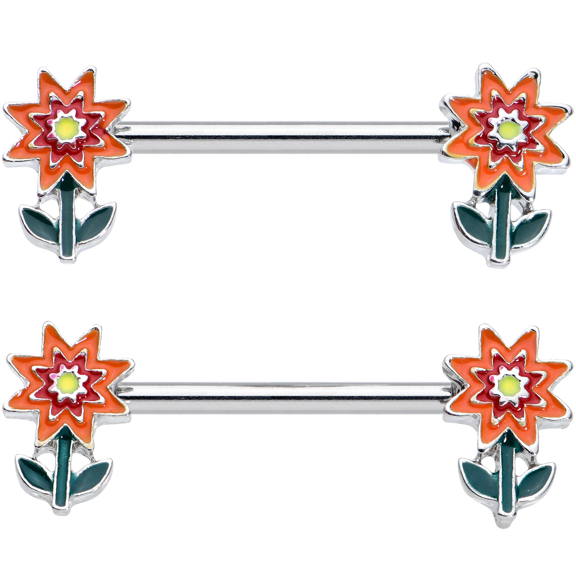14G 9/16 Red Orange Fanciful Flower Barbell Nipple Ring Set - Image 2