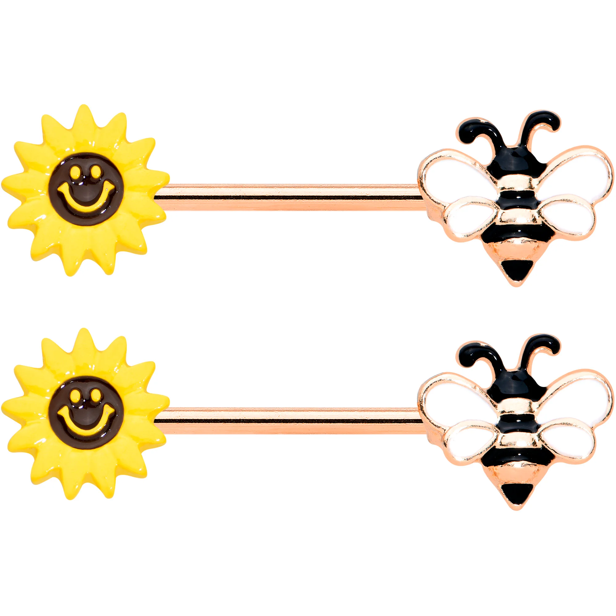 14G 9/16 Rose Gold Hue Bee Smiley Sunflower Nipple Ring Set - Image 2