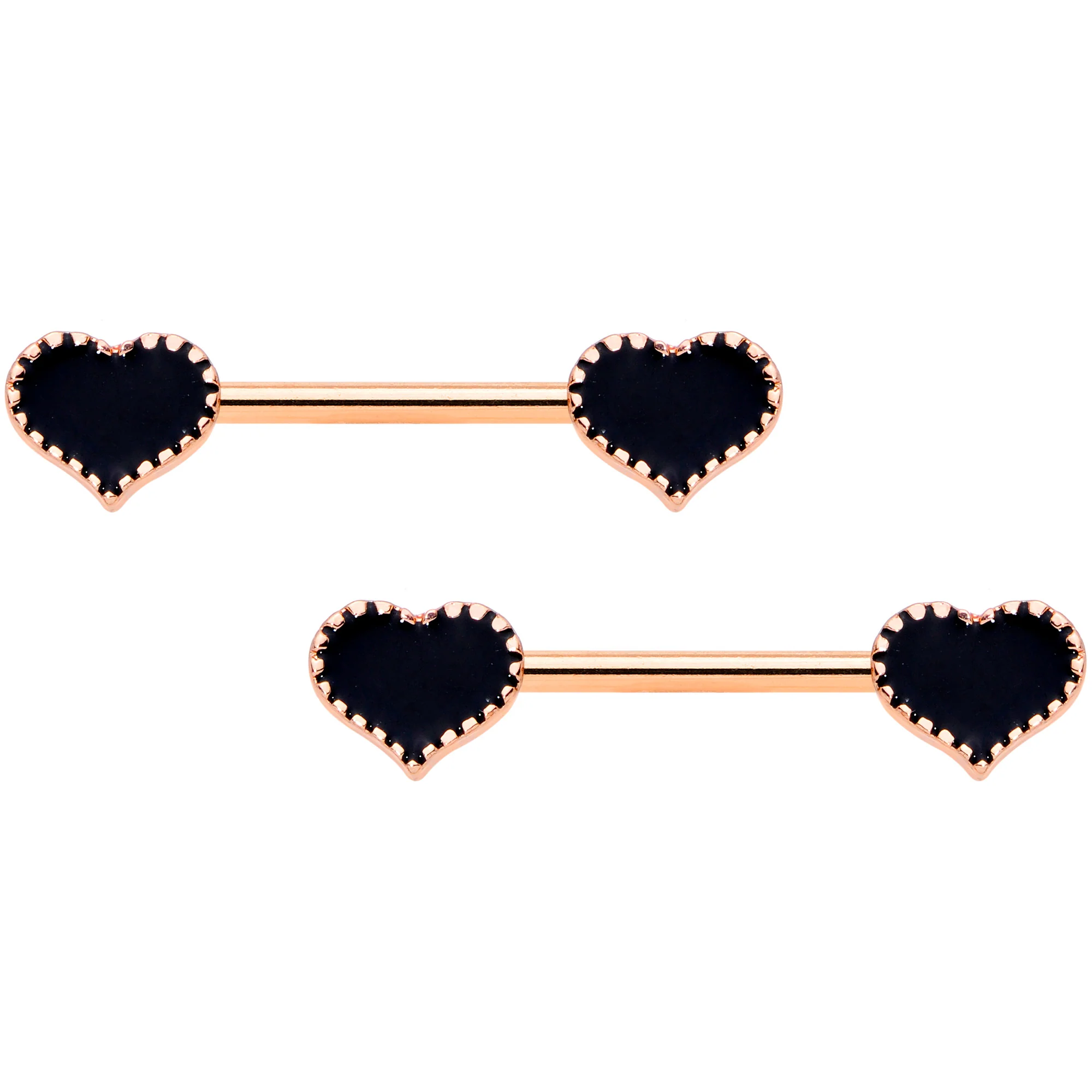 14G 9/16 Rose Gold Tone Black Heart Barbell Nipple Ring Set