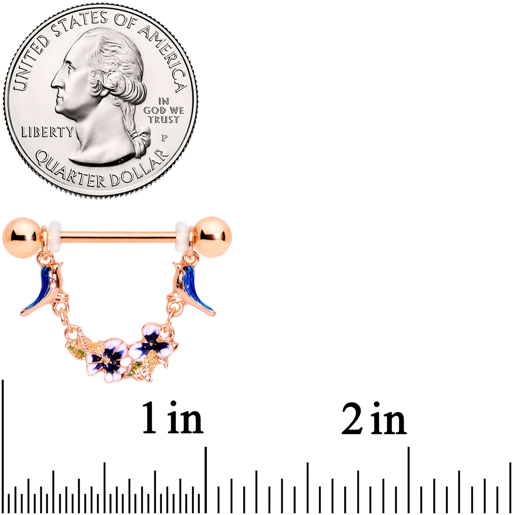 14G 9/16 Rose Gold Tone Bluebird Flower Dangle Nipple Ring Set - Image 2