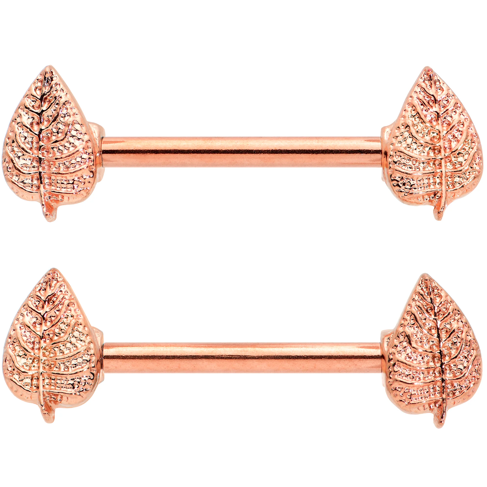 14G 9/16 Rose Gold Tone Fall Texture Leaf Barbell Nipple Ring Set - Image 2