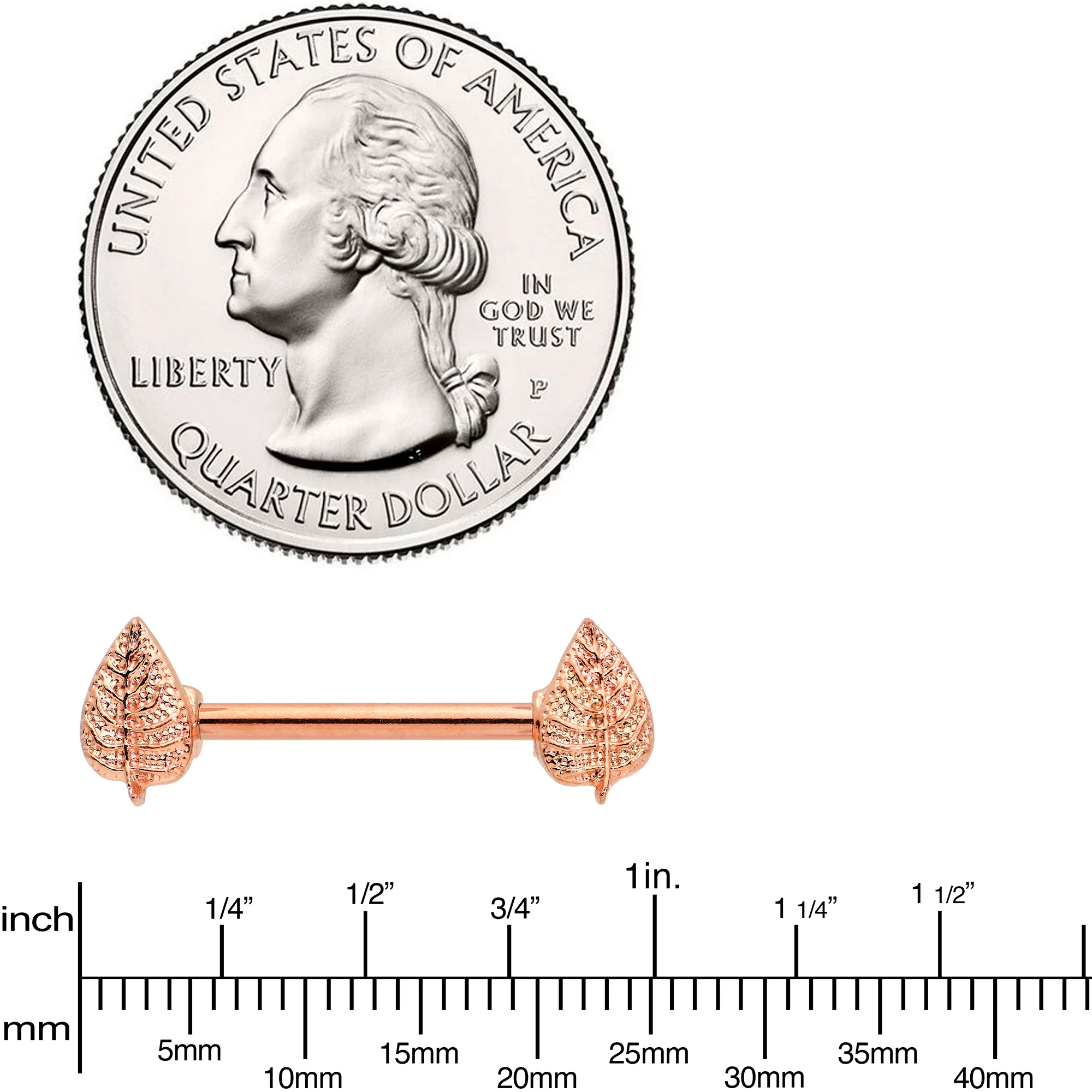 14G 9/16 Rose Gold Tone Fall Texture Leaf Barbell Nipple Ring Set - Image 3