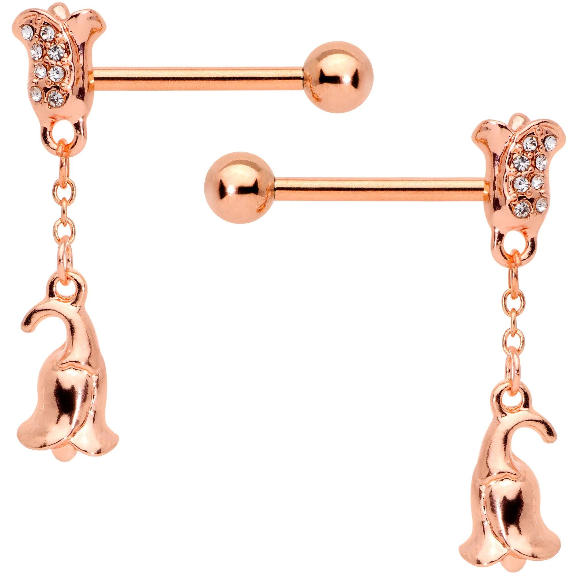 14G 9/16 Rose Gold Tone Flowers Barbell Nipple Ring Set of 4 - Image 3