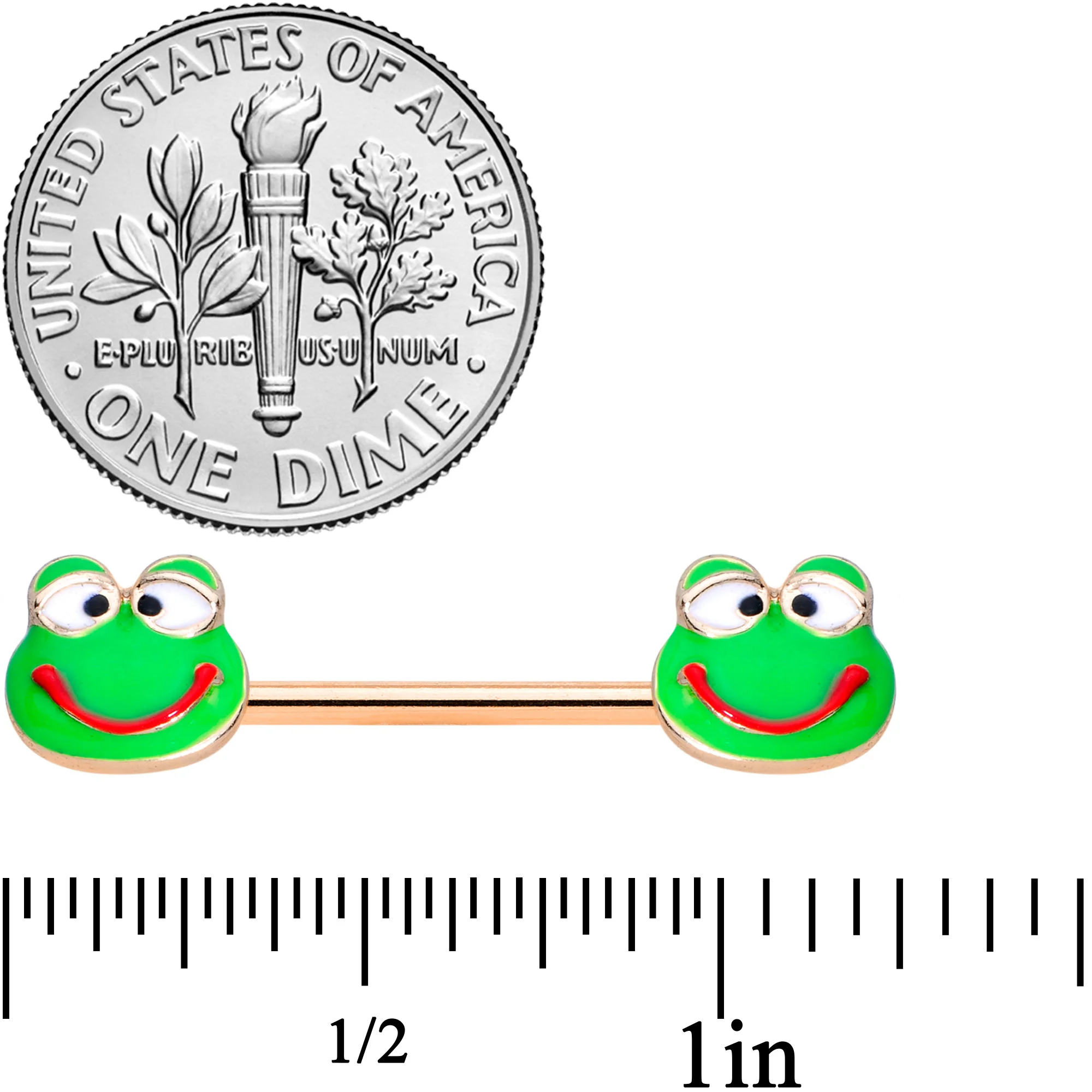 14G 9/16 Rose Gold Tone Green Goofy Frog Barbell Nipple Ring Set - Image 2