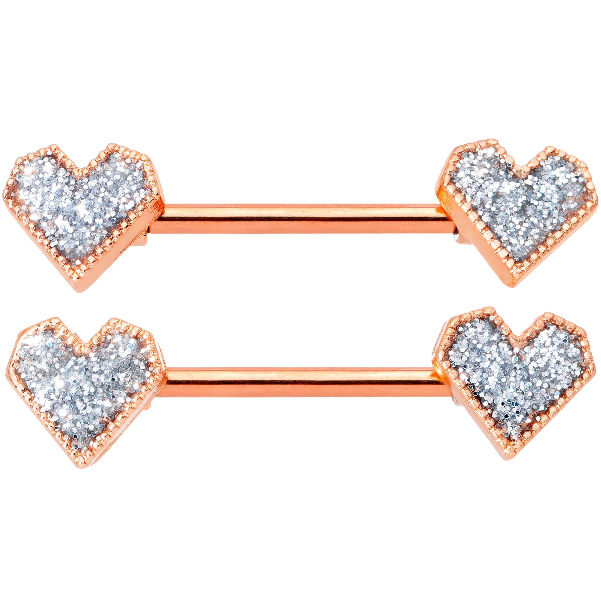 14G 9/16 Rose Gold Tone Valentine Heart Barbell Nipple Ring Set - Image 2