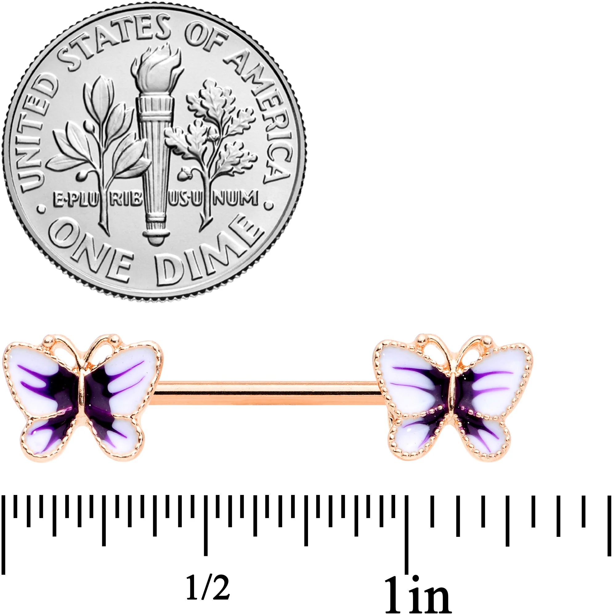 14G 9/16 Rose Gold Tone White Purple Butterfly Barbell Nipple Set - Image 2