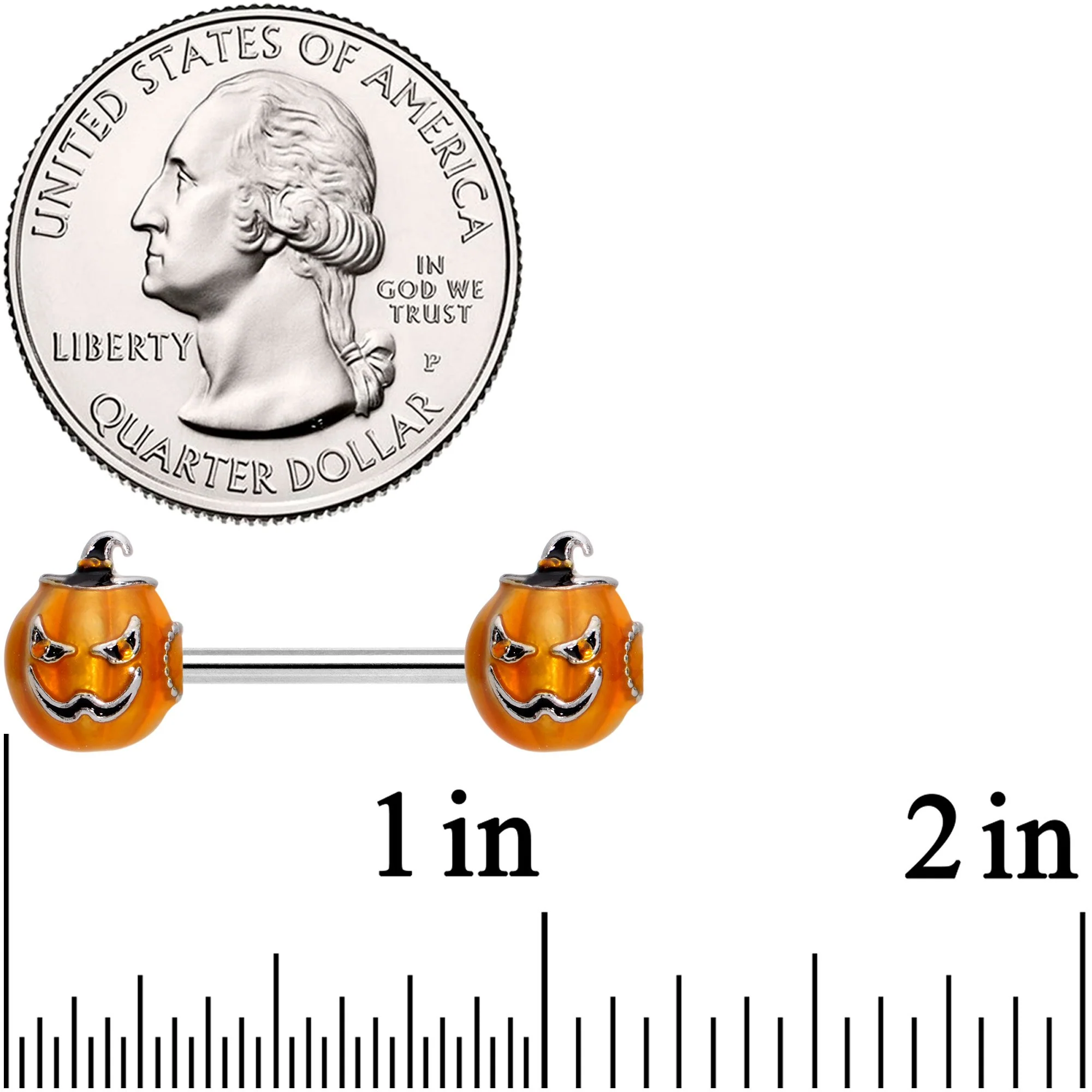14G 9/16 Sinister Jack O Lantern Barbell Nipple Ring Set - Image 2