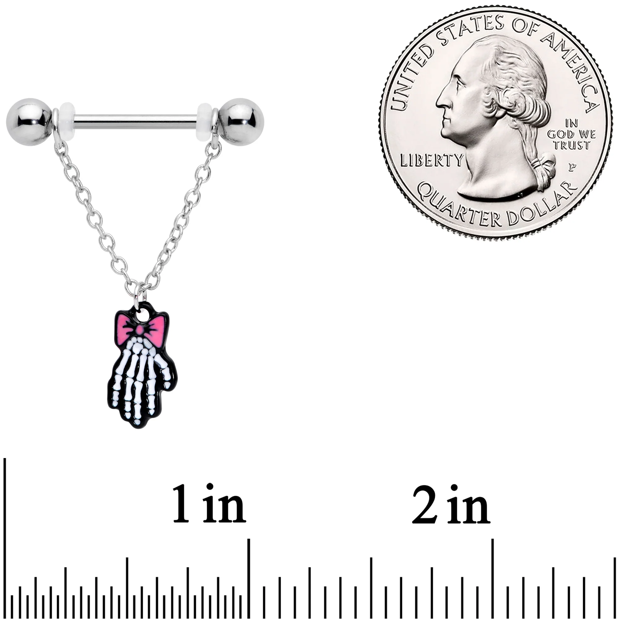 14G 9/16 Skeleton Hand Halloween Chain Dangle Nipple Ring Set - Image 2