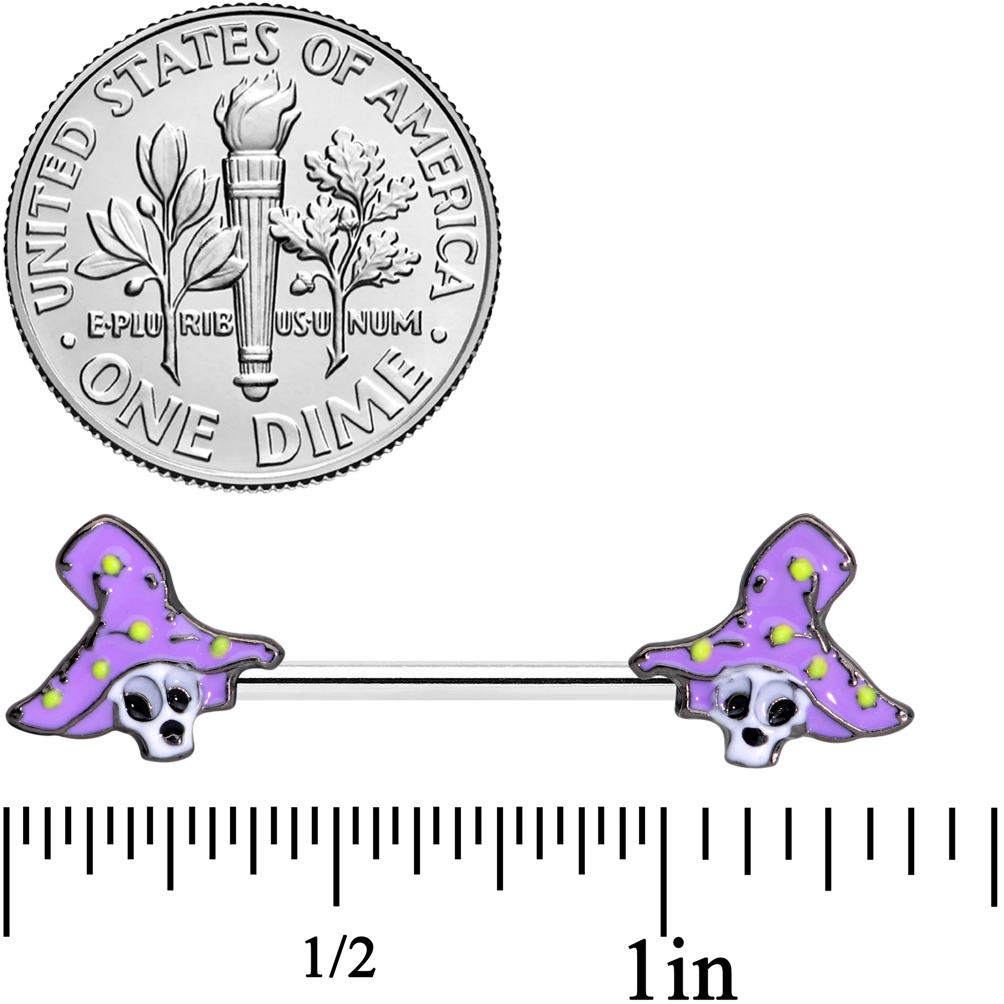 14G 9/16 Skull Purple Witch Hat Halloween Nipple Ring Set - Image 2
