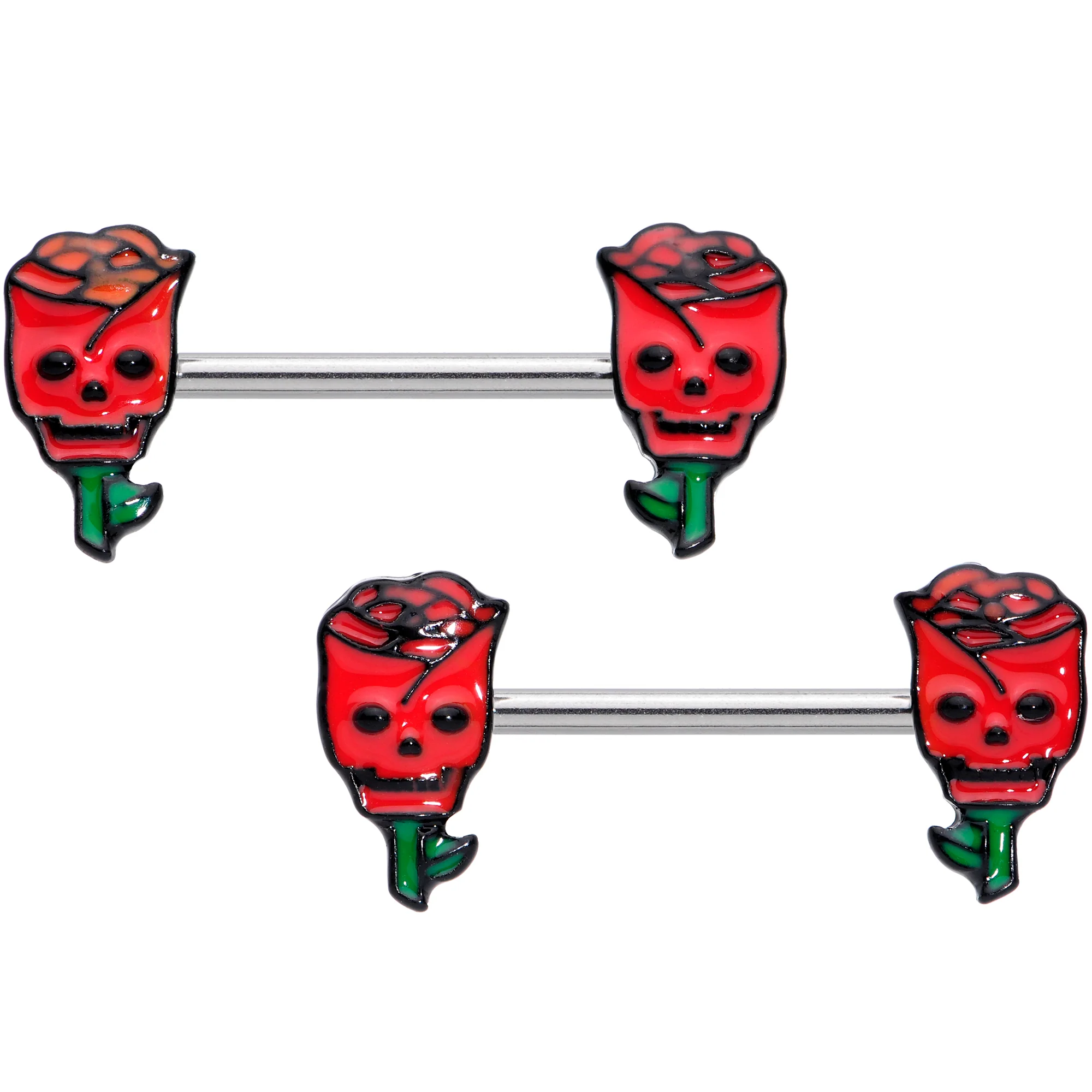 14G 9/16 Skull Red Roses Valentine Barbell Nipple Ring Set