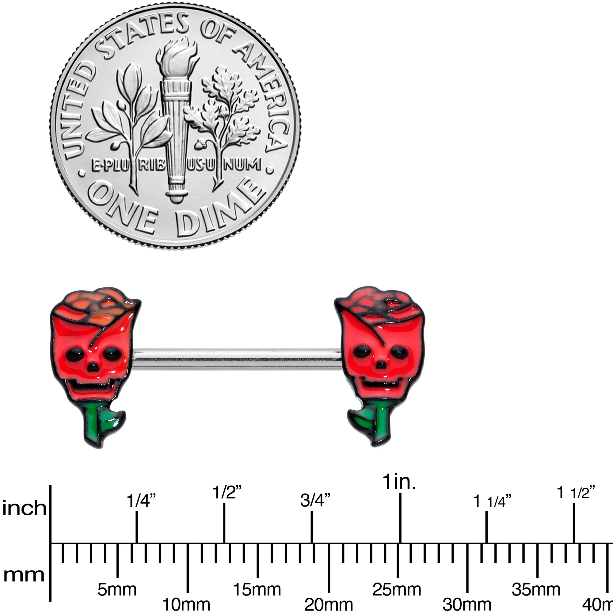 14G 9/16 Skull Red Roses Valentine Barbell Nipple Ring Set - Image 3
