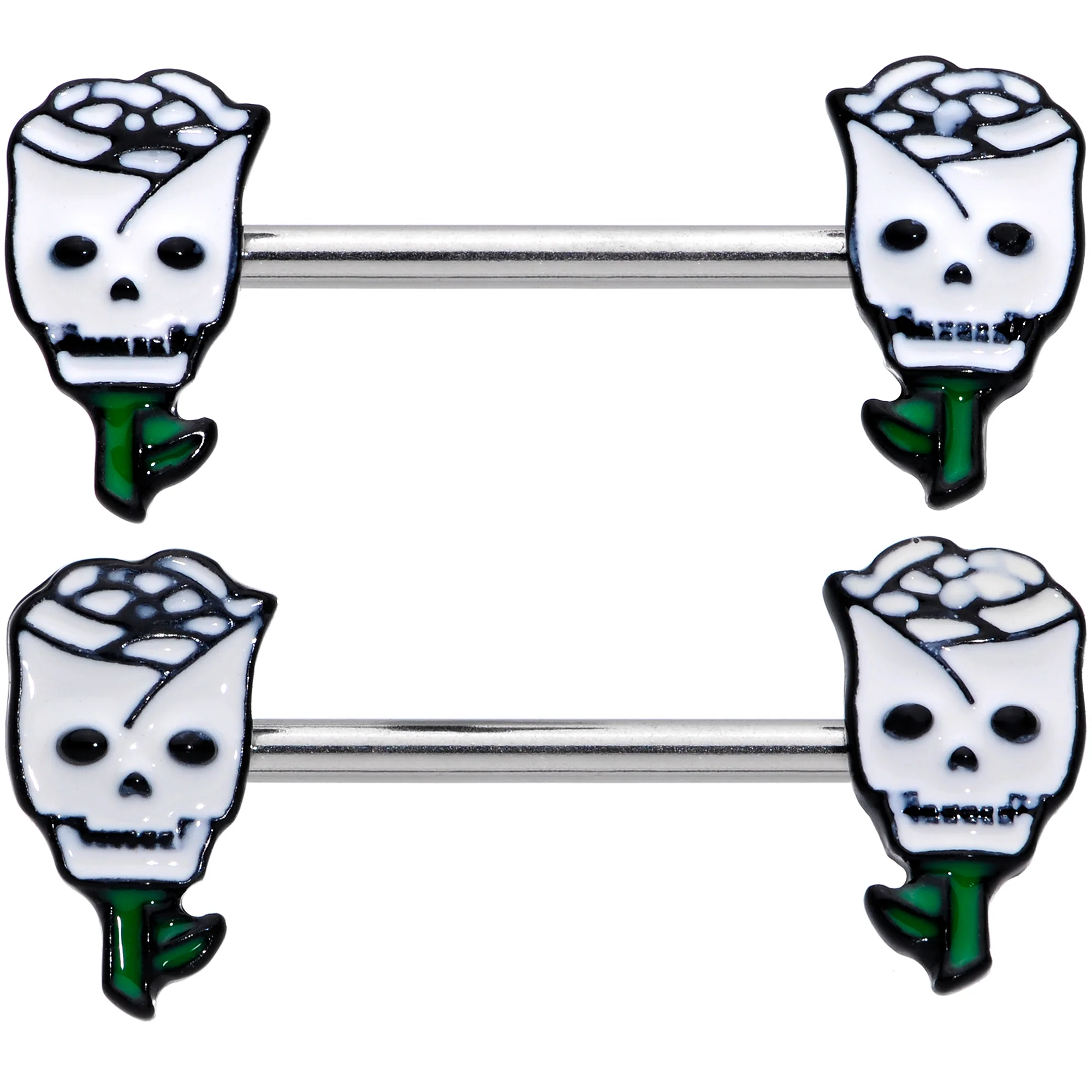 14G 9/16 Skull White Roses Valentine Barbell Nipple Ring Set - Image 2
