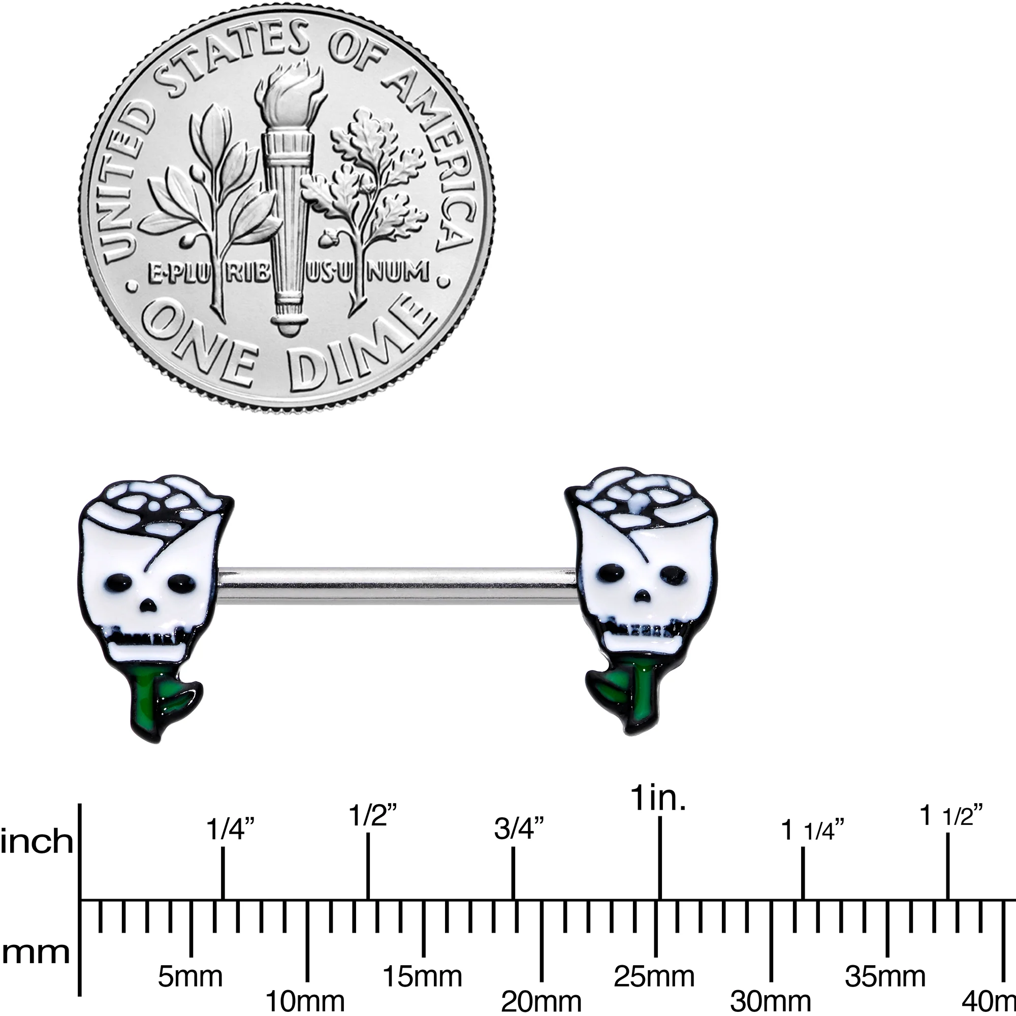 14G 9/16 Skull White Roses Valentine Barbell Nipple Ring Set - Image 3