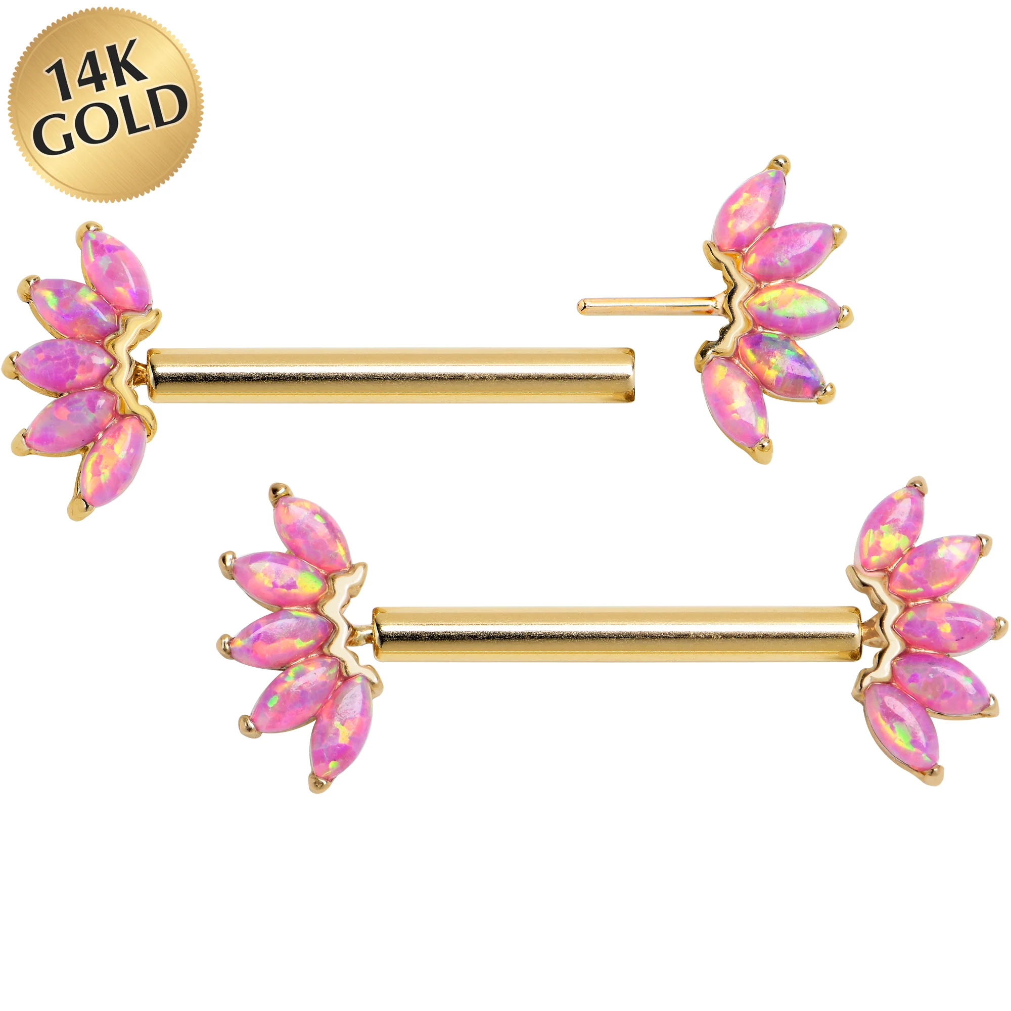 14G 9/16 Solid 14k Yellow Gold Synthetic Opal Floral Push In Threadless Nipple Ring Set - Image 2