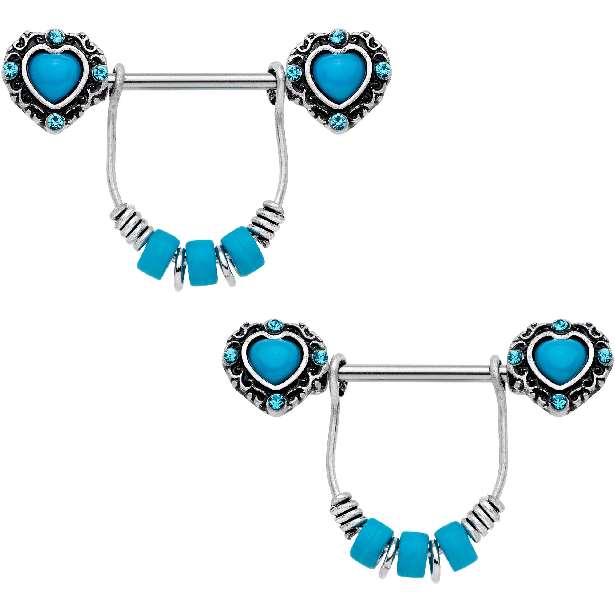 14G 9/16 Southwestern Blue Heart Dangle Barbell Nipple Ring Set