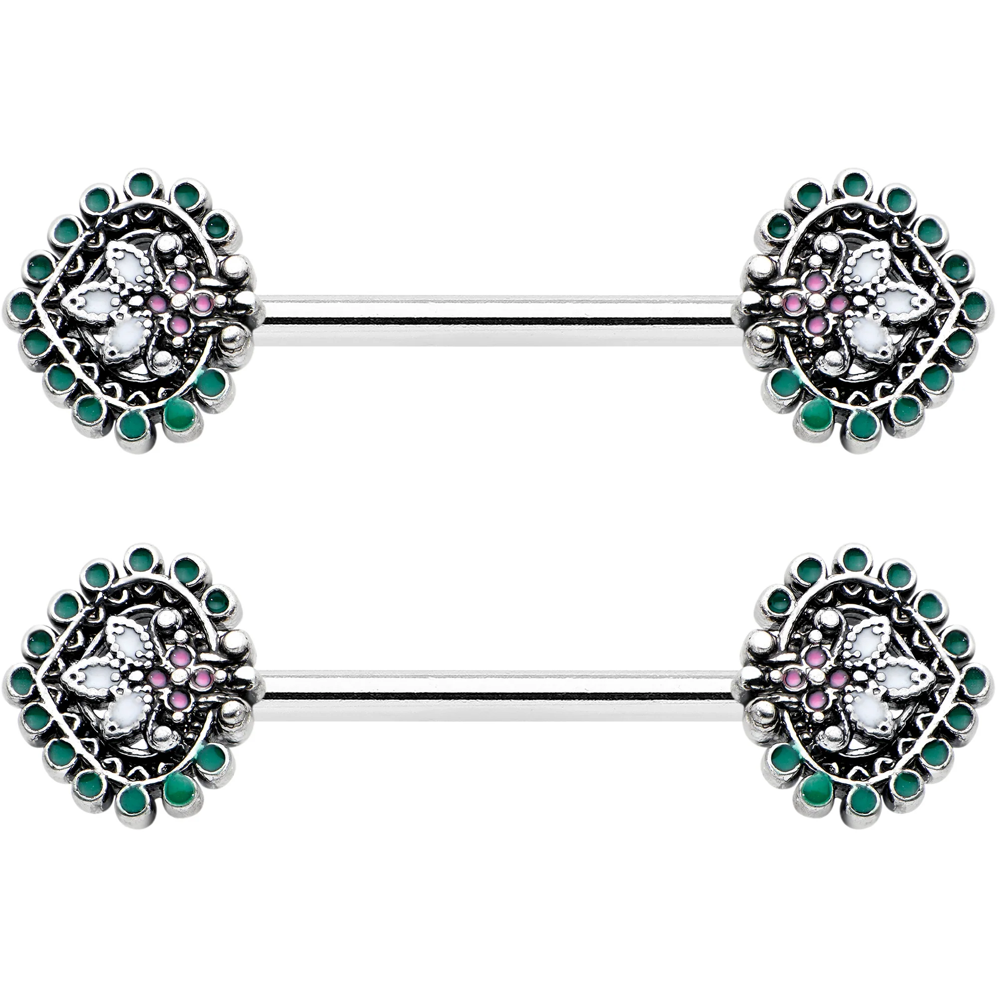 14G 9/16 Stylized Pink Green Leaf Barbell Nipple Ring Set - Image 2