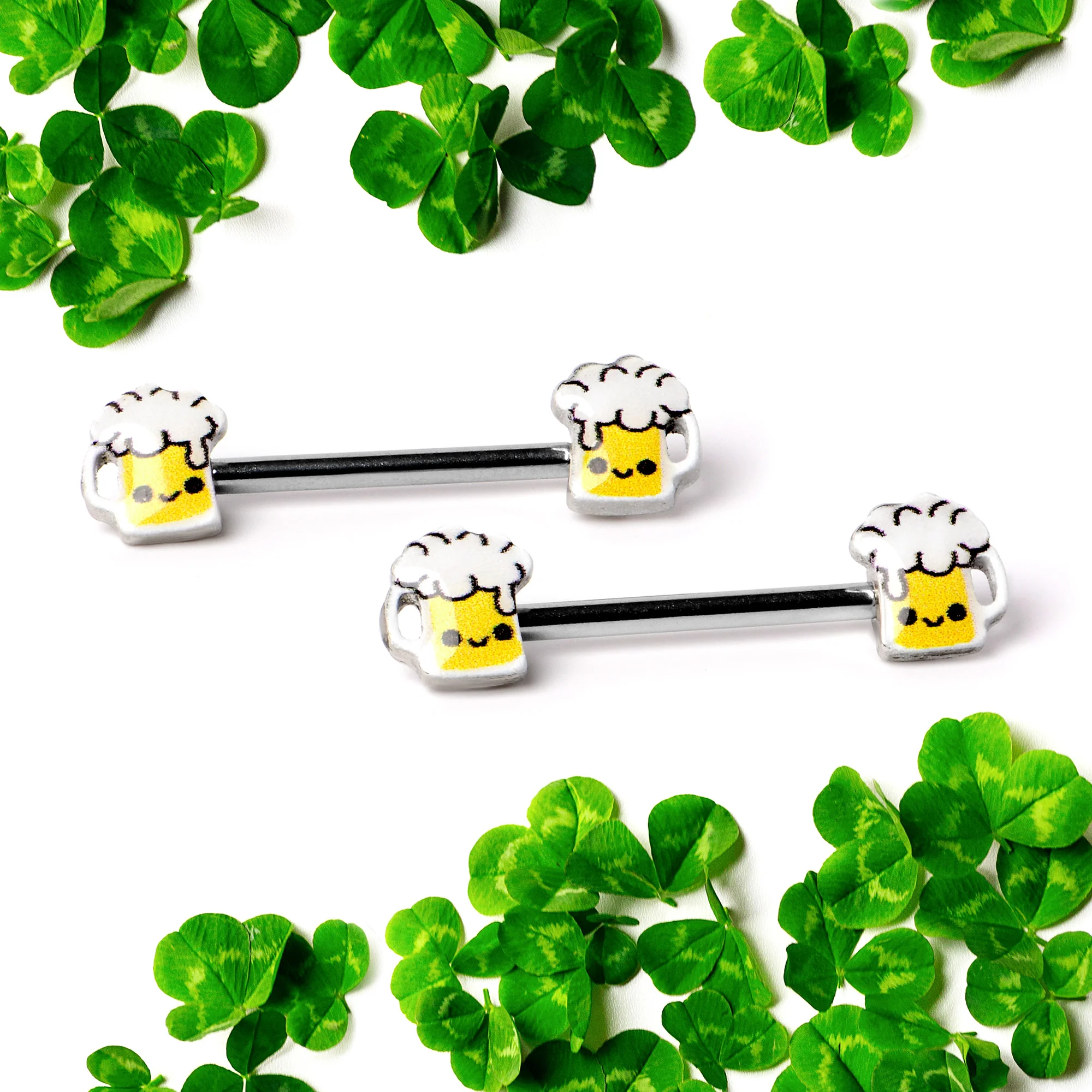 14G 9/16 Sweet Happy Beer St Patricks Barbell Nipple Ring Set - Image 4