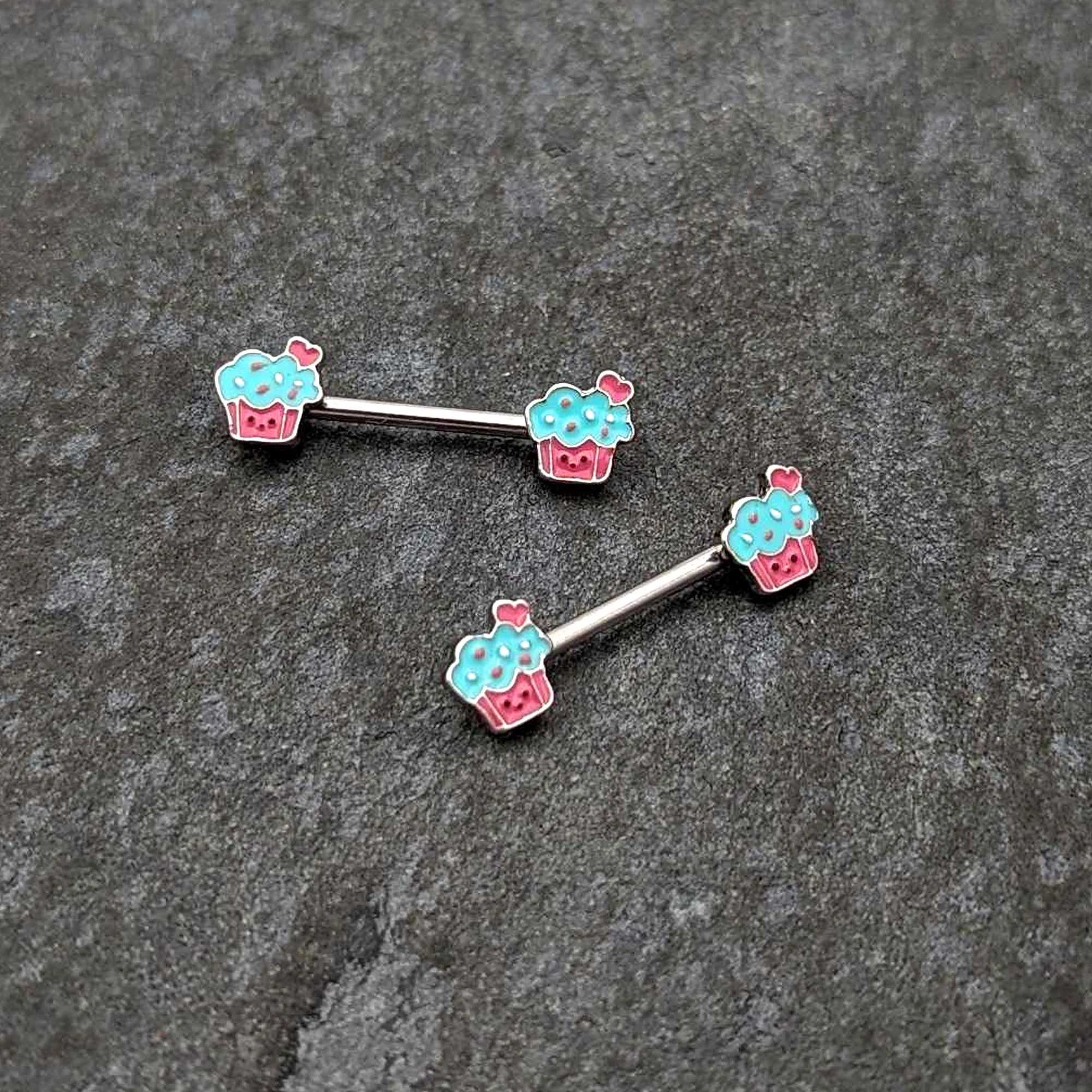 14G 9/16 Sweet Happy Cupcake Barbell Nipple Ring Set - Image 4