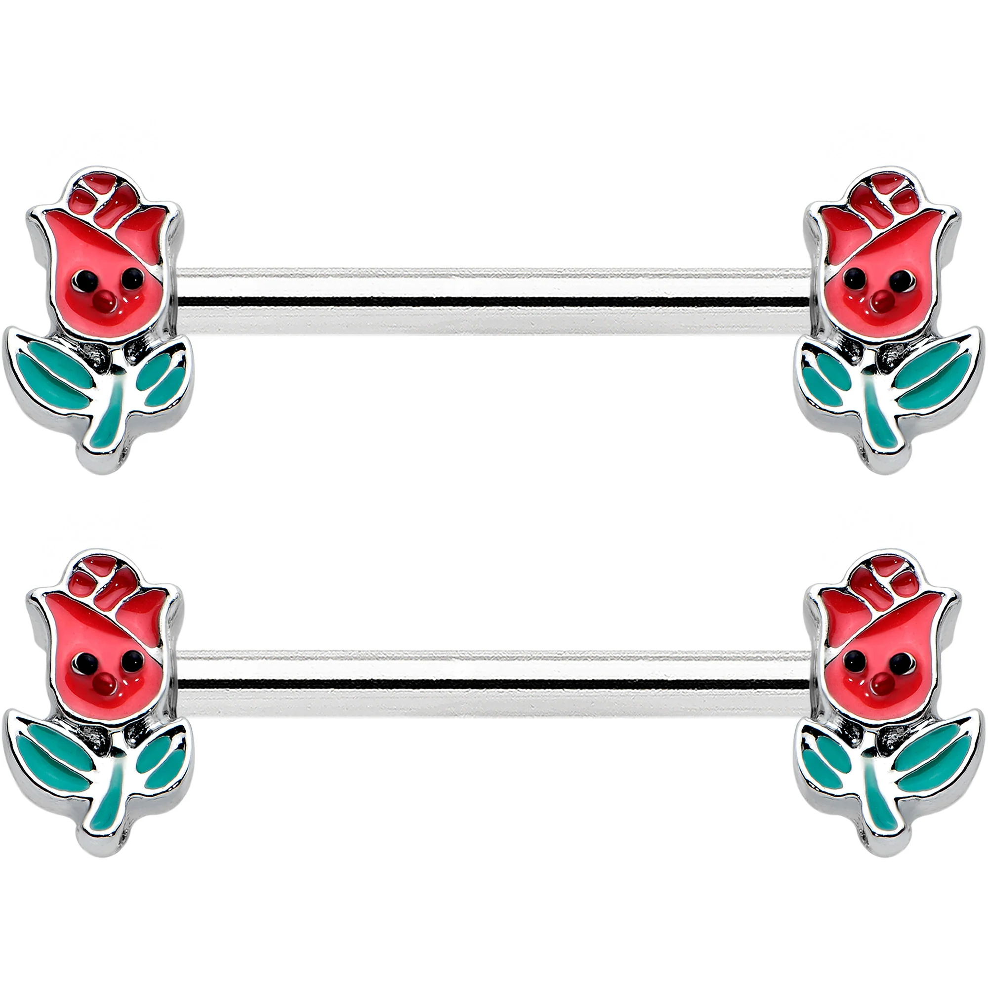 14G 9/16 Sweet Happy Rose Flower Barbell Nipple Ring Set - Image 2