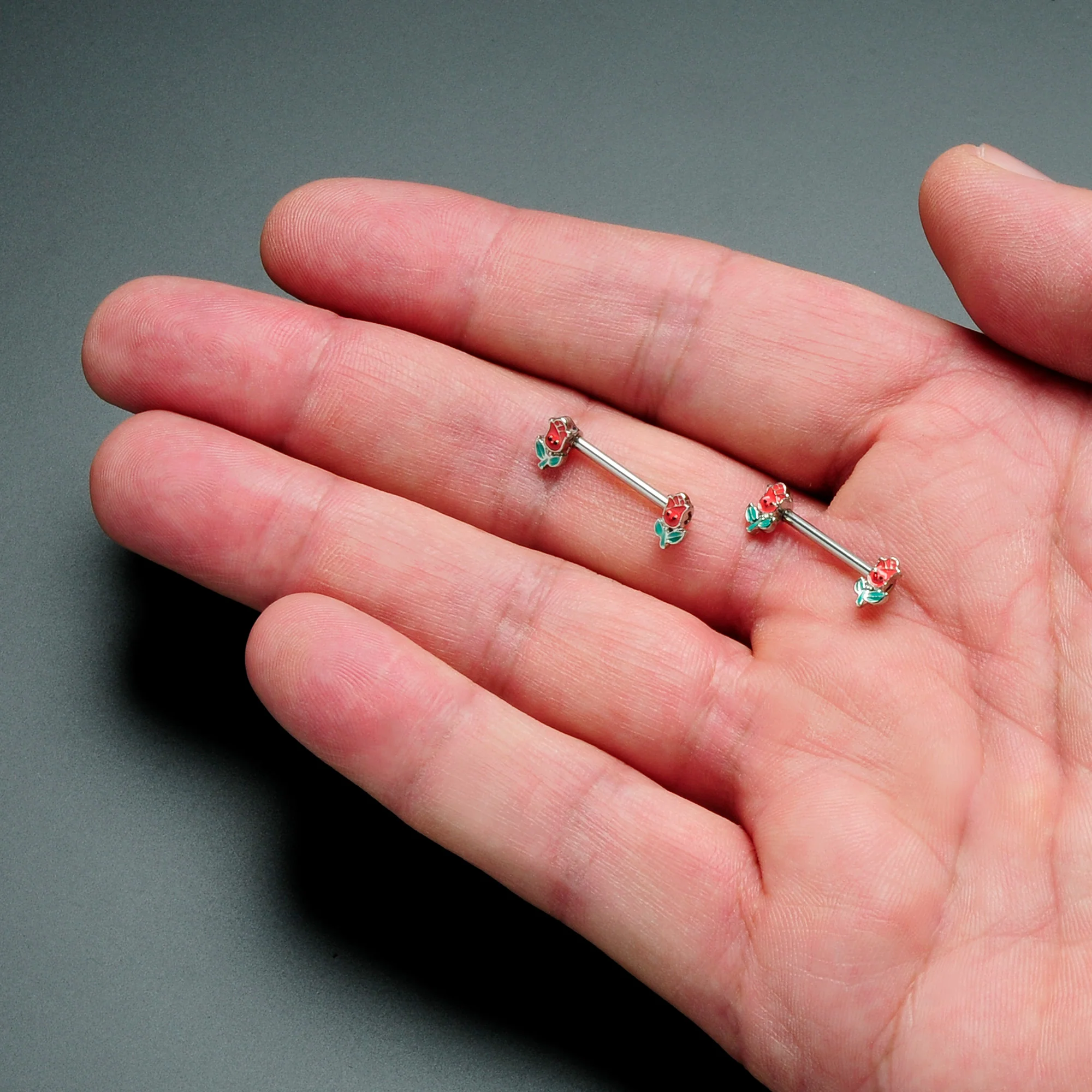 14G 9/16 Sweet Happy Rose Flower Barbell Nipple Ring Set - Image 6