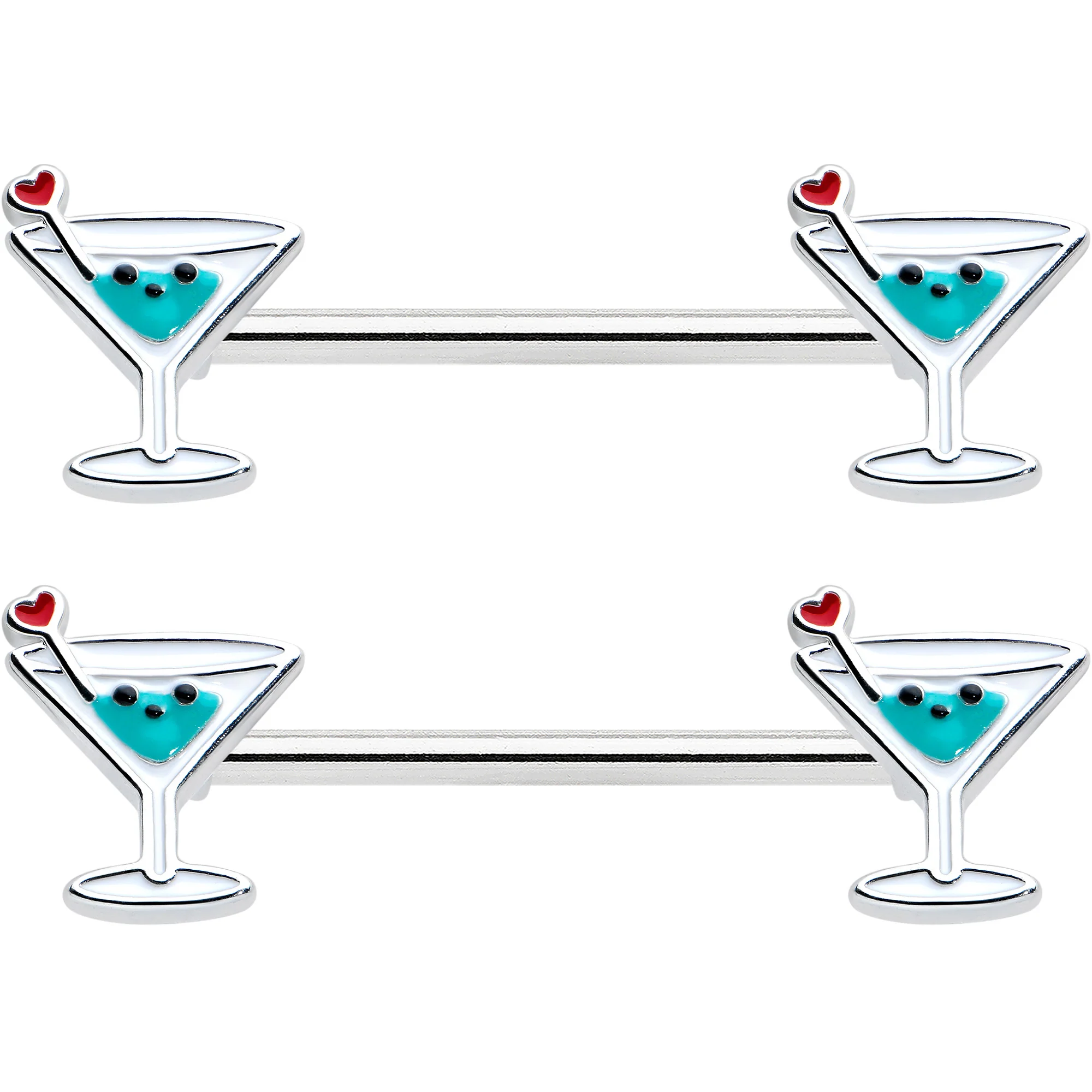 14G 9/16 Sweet Martini Glass Heart Barbell Nipple Ring Set - Image 2
