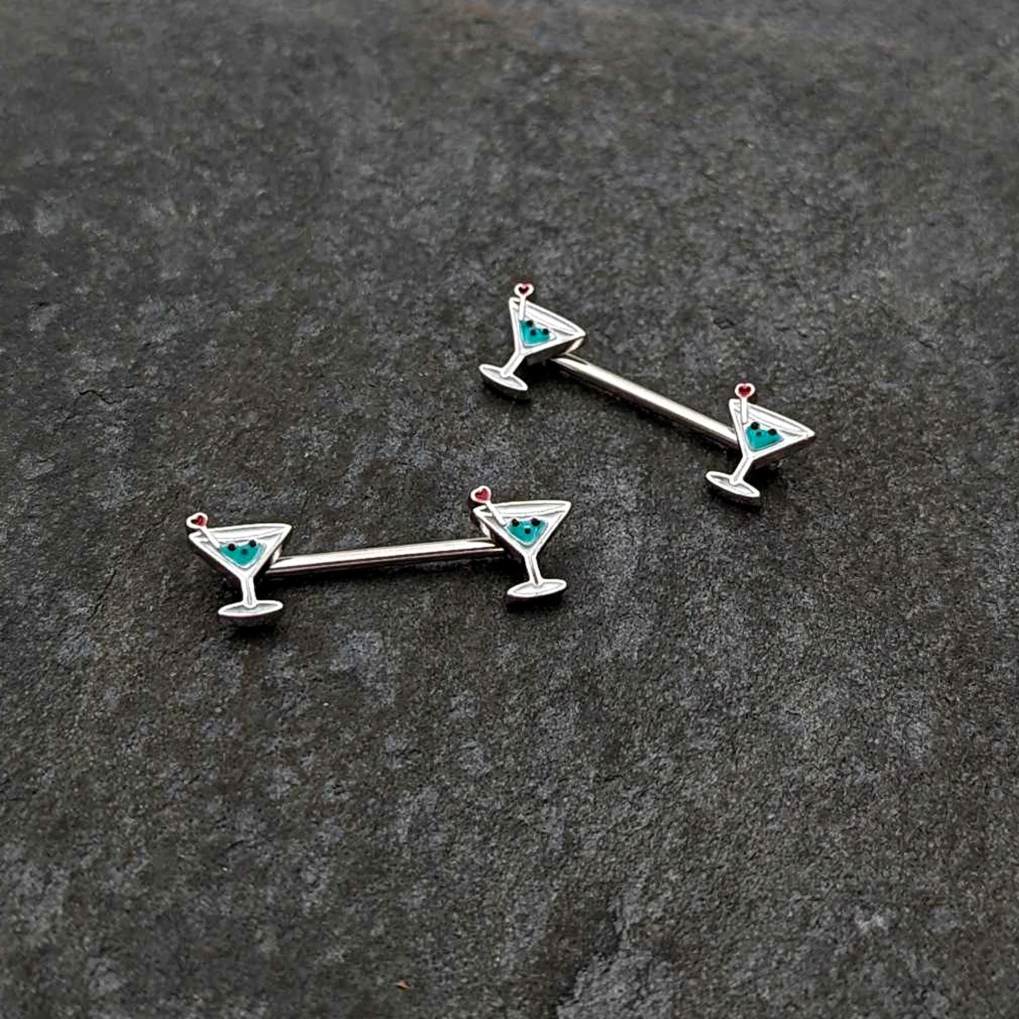 14G 9/16 Sweet Martini Glass Heart Barbell Nipple Ring Set - Image 4