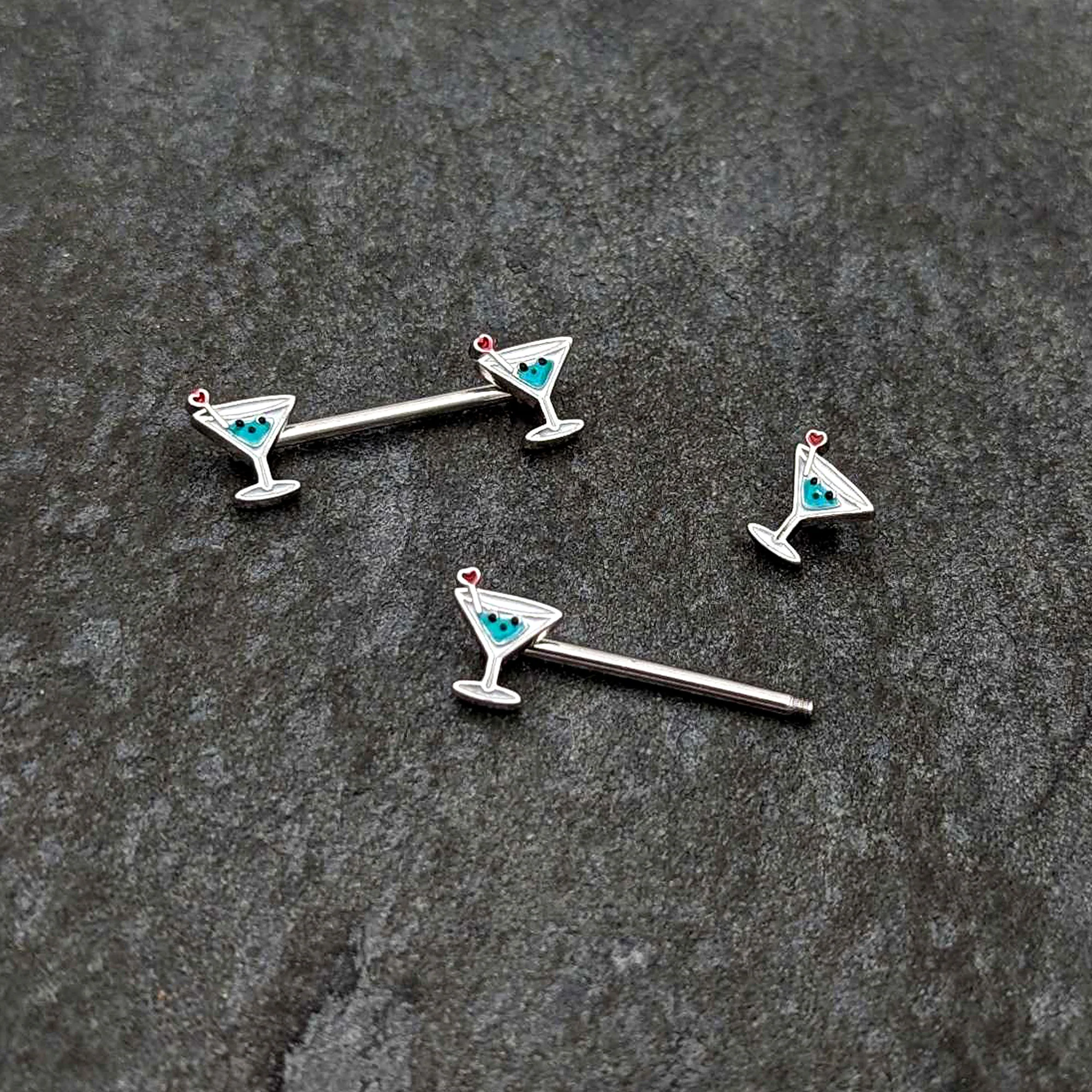 14G 9/16 Sweet Martini Glass Heart Barbell Nipple Ring Set - Image 5