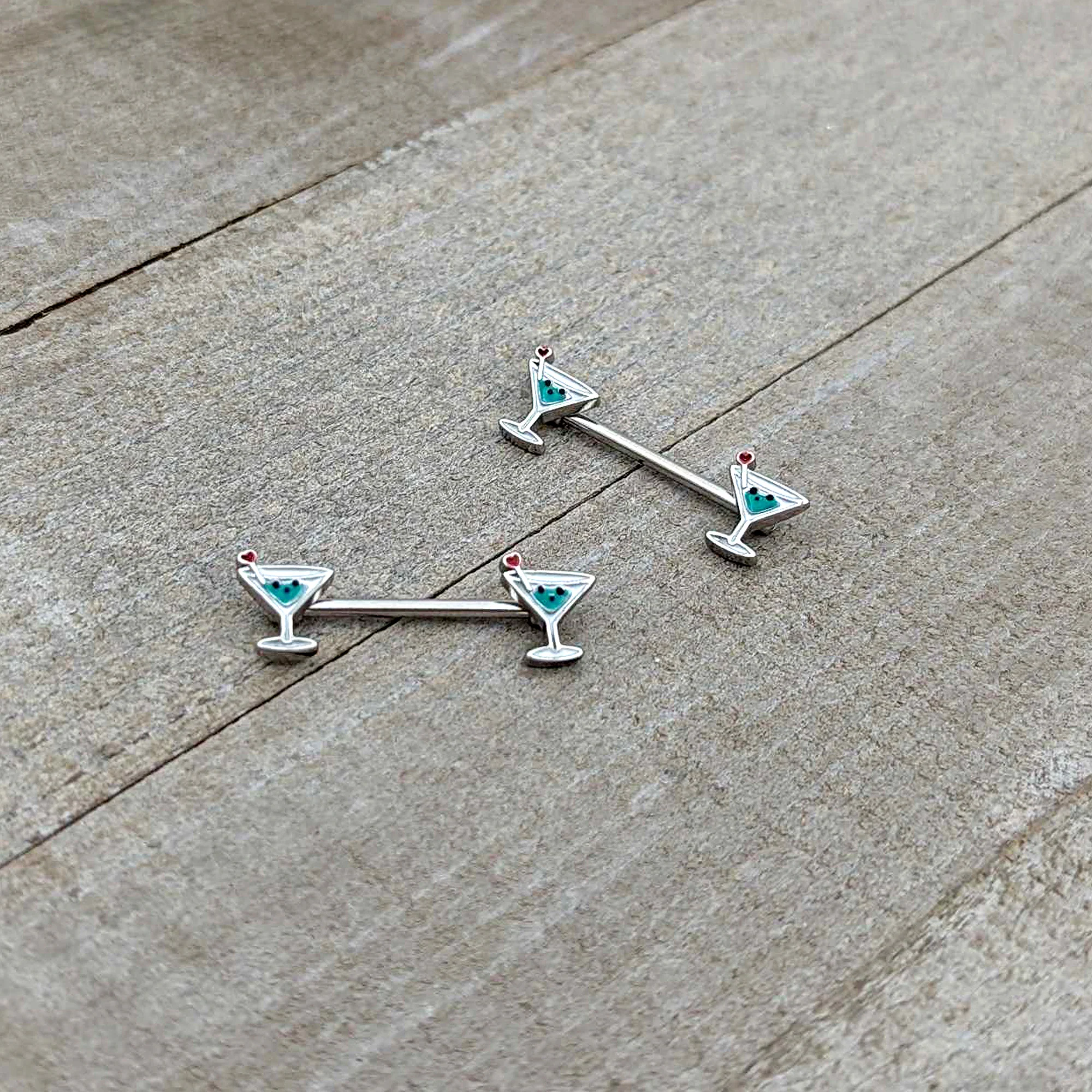 14G 9/16 Sweet Martini Glass Heart Barbell Nipple Ring Set - Image 6