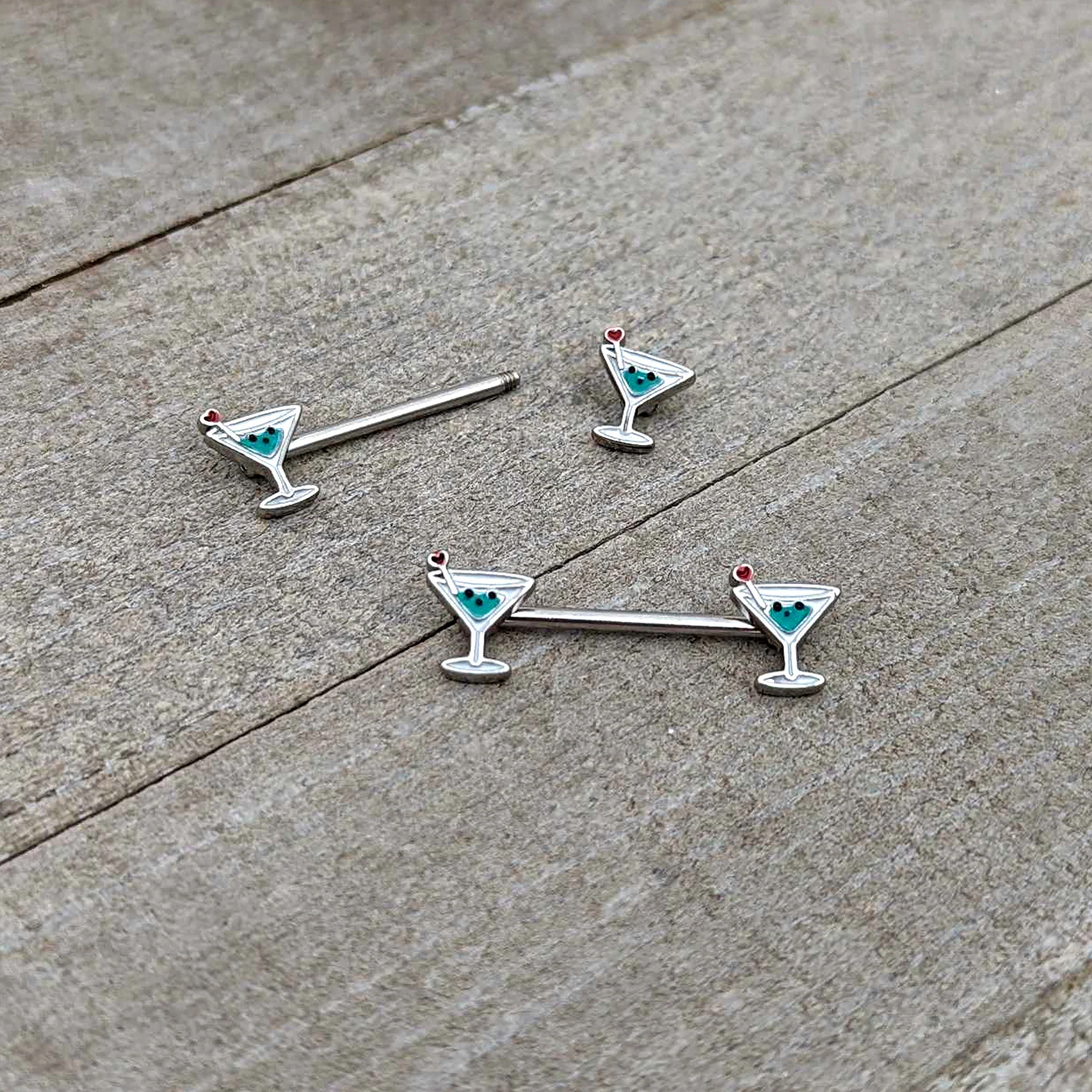 14G 9/16 Sweet Martini Glass Heart Barbell Nipple Ring Set - Image 7