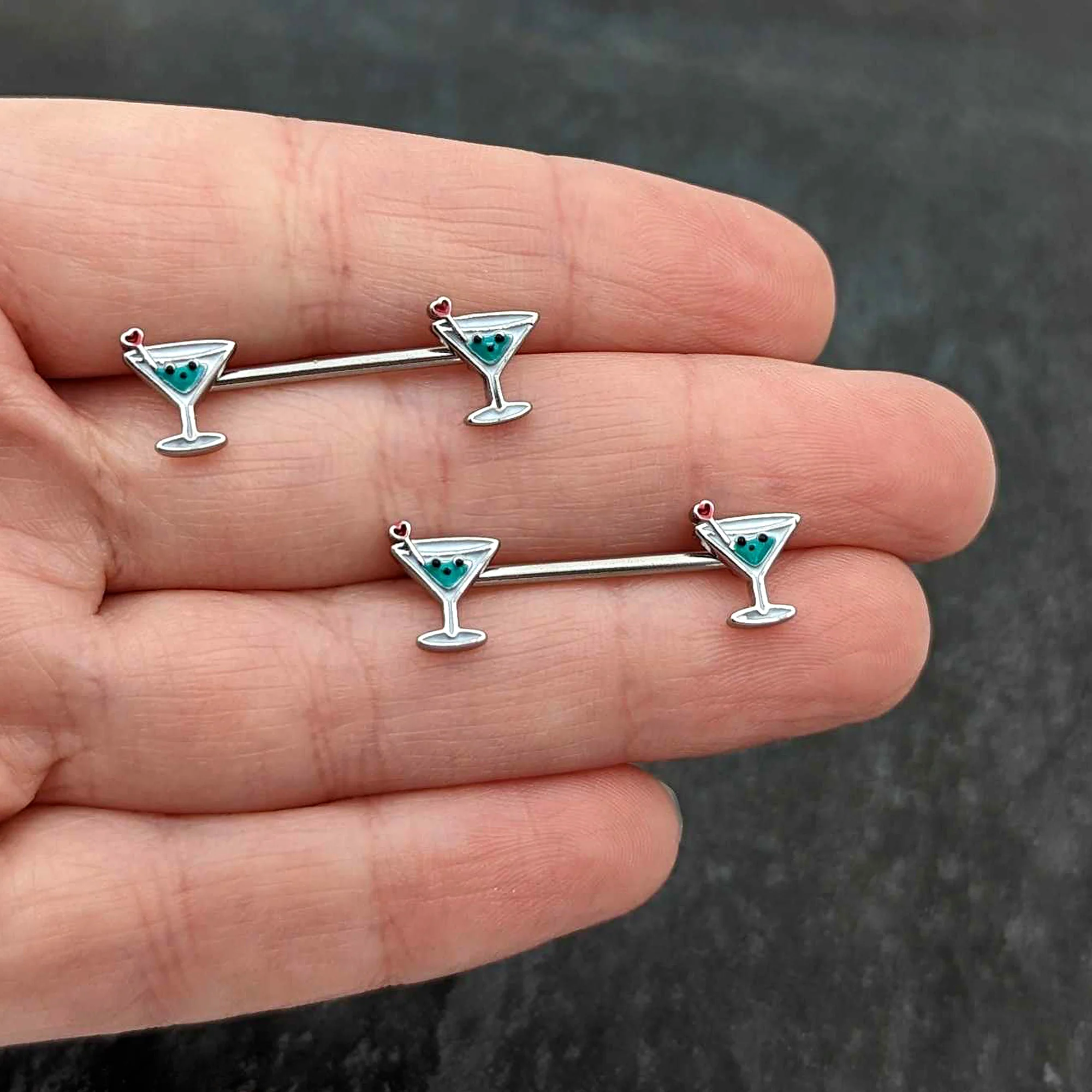 14G 9/16 Sweet Martini Glass Heart Barbell Nipple Ring Set - Image 8