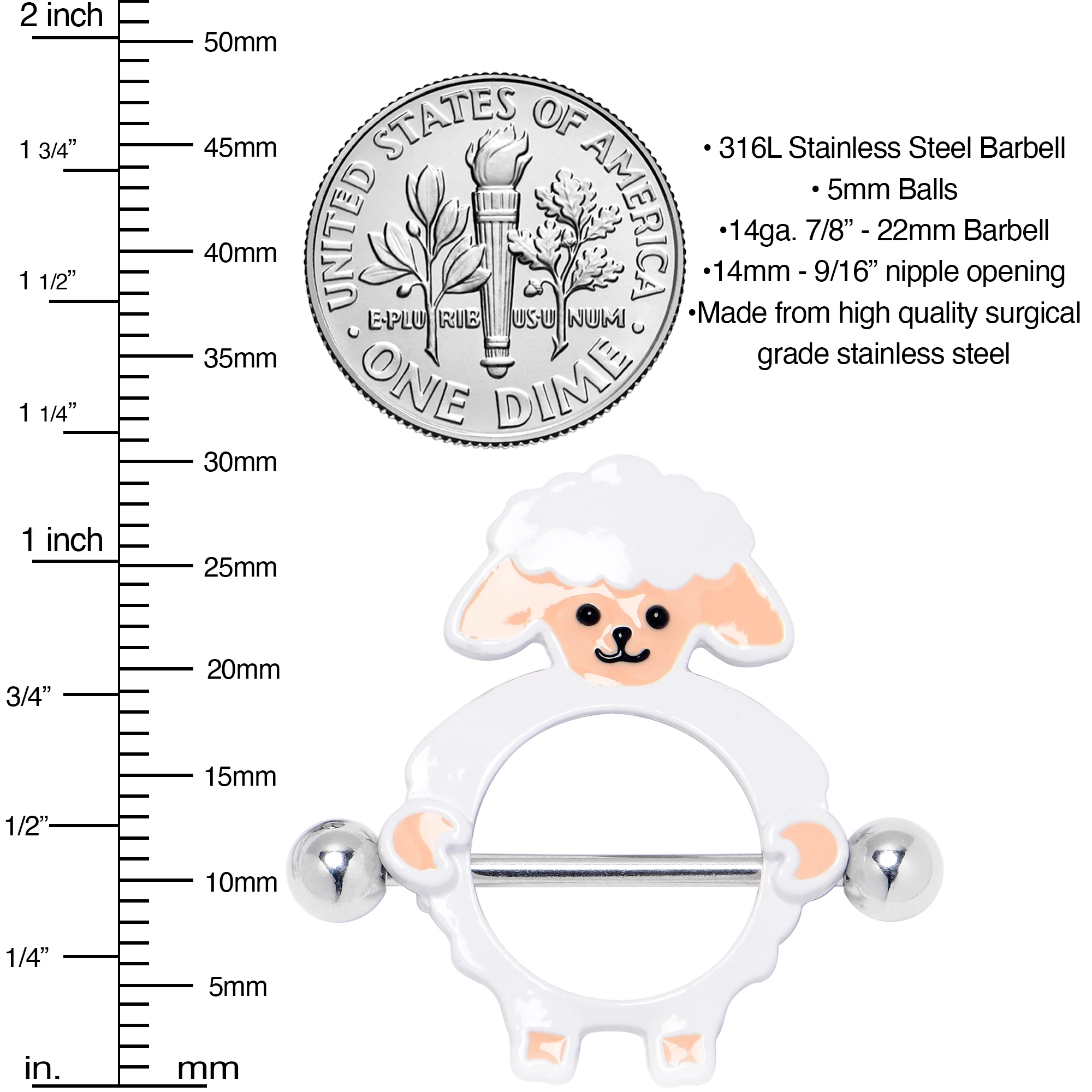 14G 9/16 Sweetheart Sheep White Nipple Shield Set - Image 3