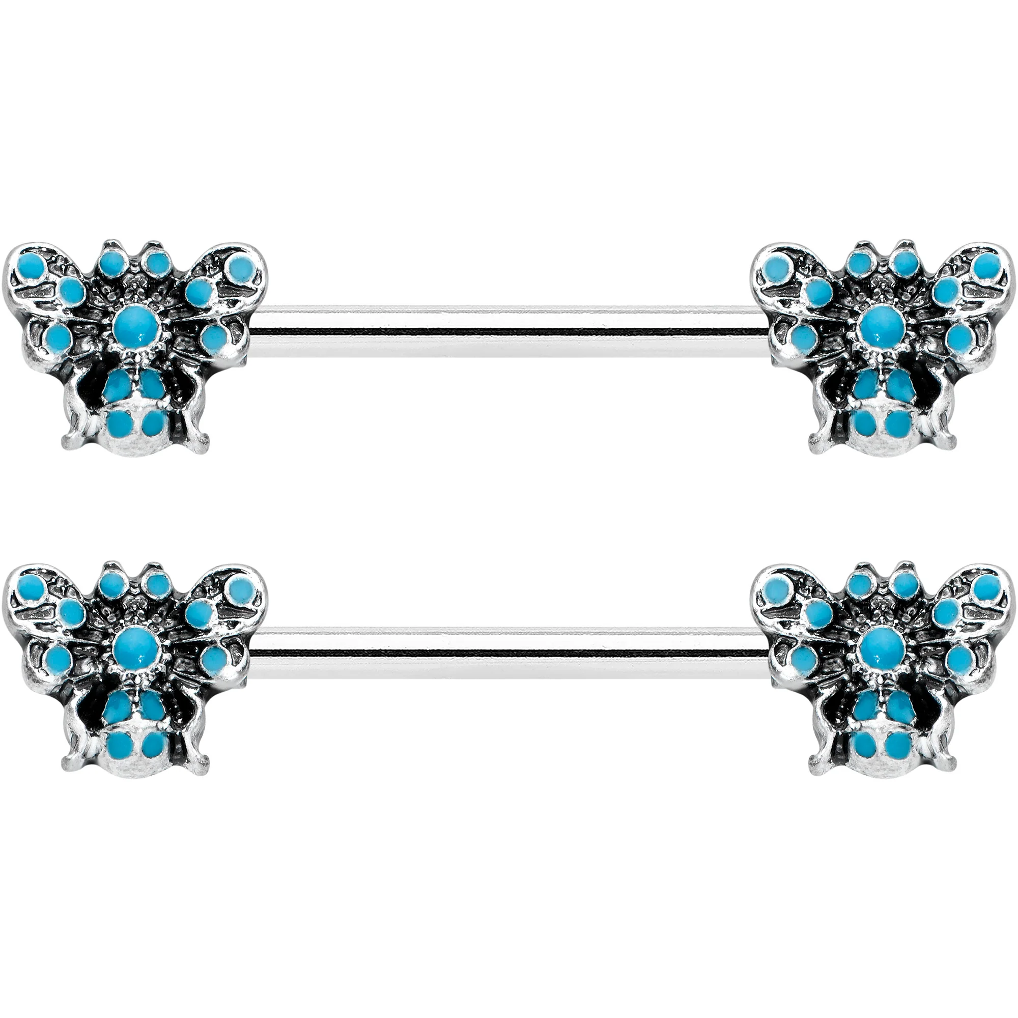 14G 9/16 Textured Blue Butterfly Barbell Nipple Ring Set - Image 2