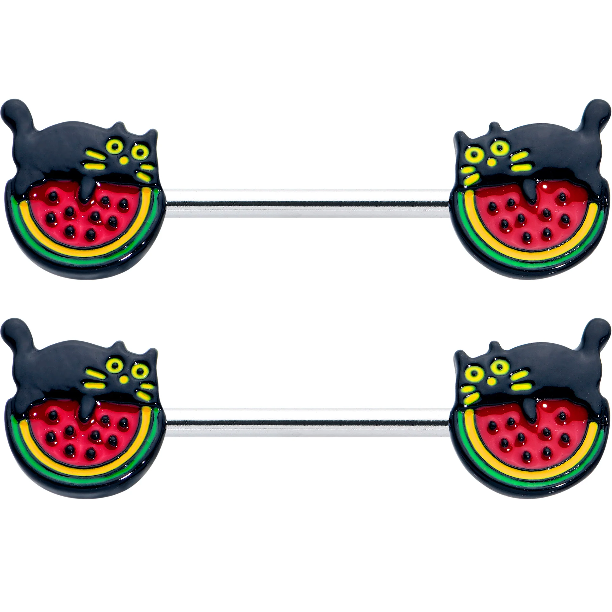 14G 9/16 Watermelon Cat Love Barbell Nipple Ring Set - Image 2