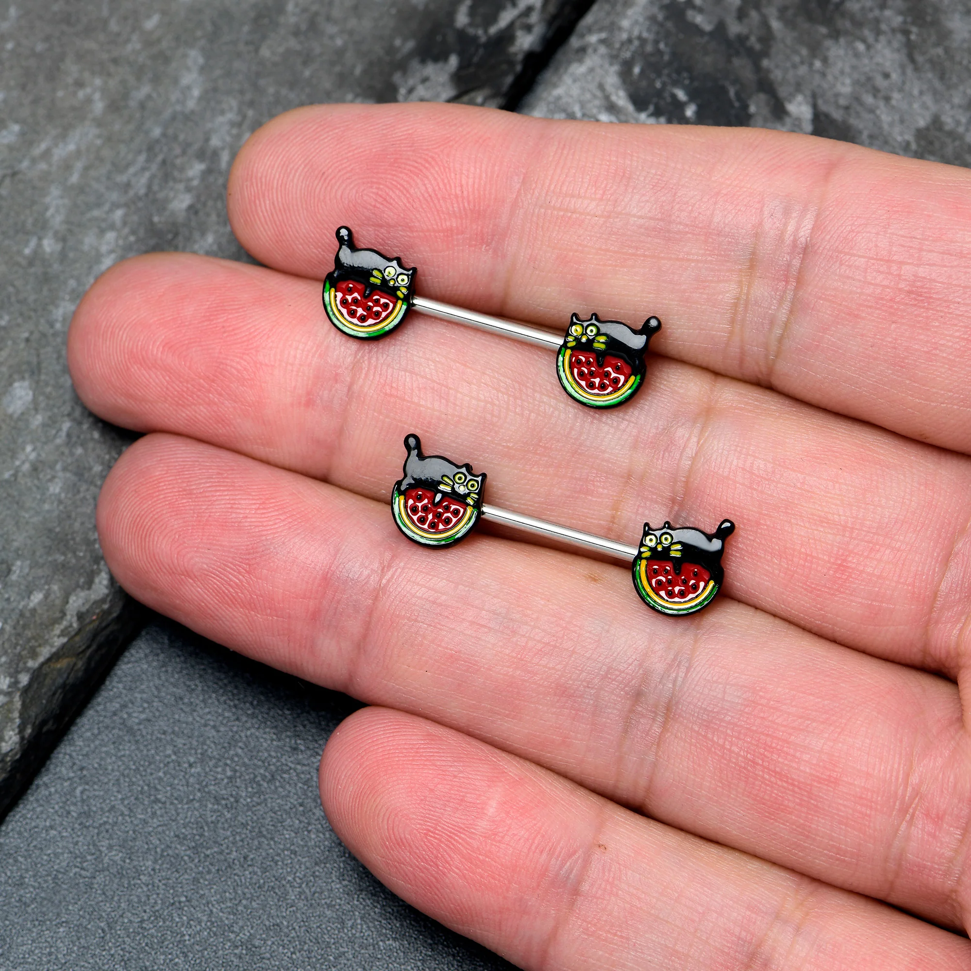 14G 9/16 Watermelon Cat Love Barbell Nipple Ring Set - Image 3