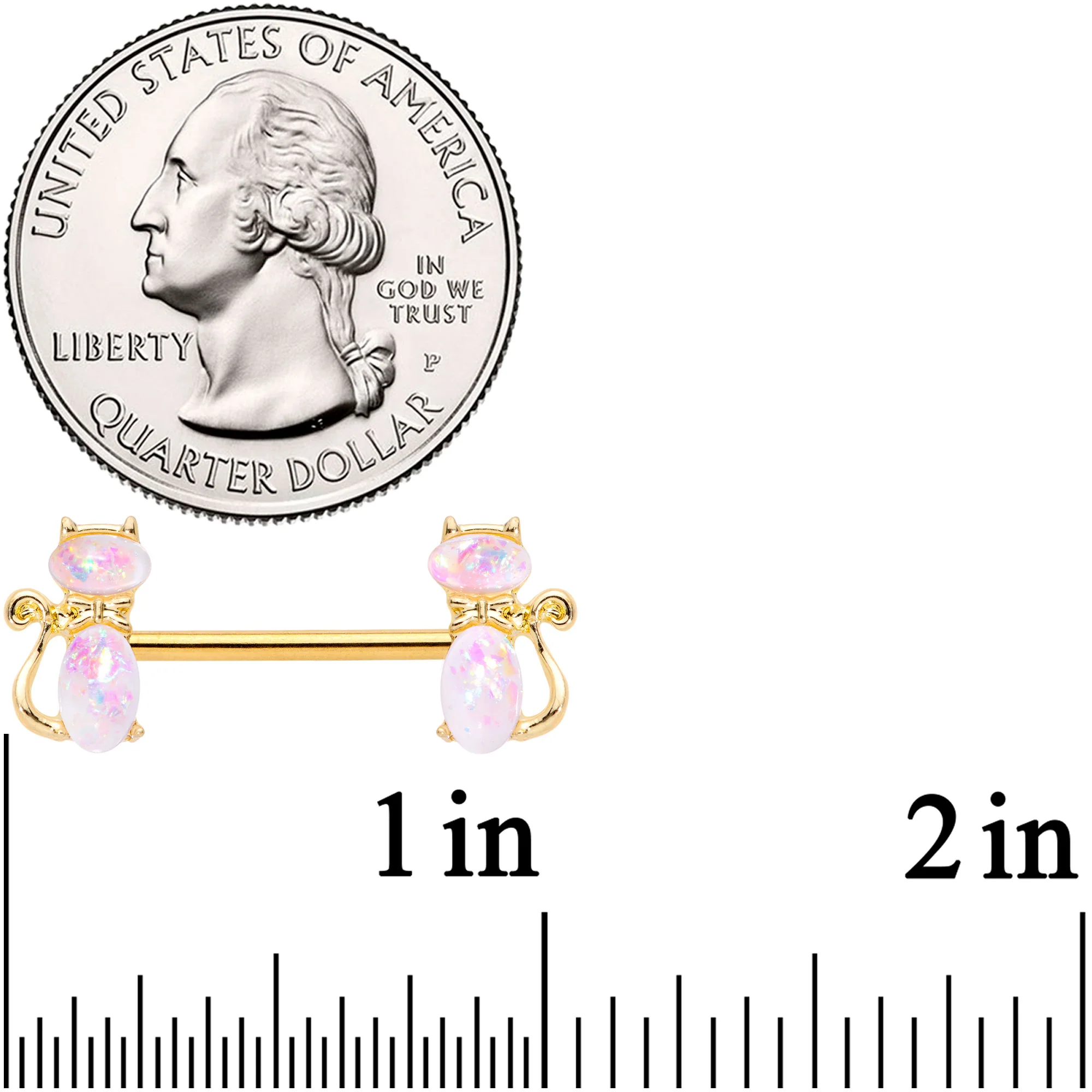 14G 9/16 White Faux Opal Gold Tone Cat Barbell Nipple Ring Set - Image 2