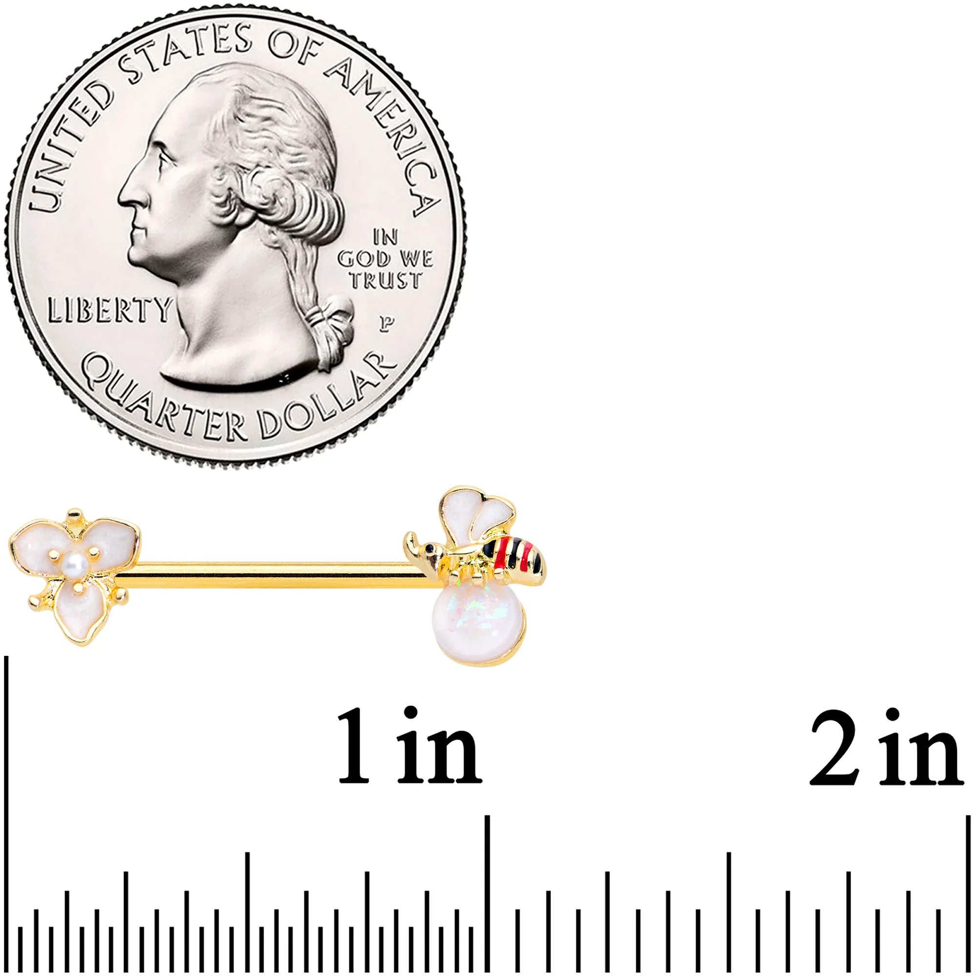 14G 9/16 White Faux Opal Gold Tone Insect Flower Nipple Ring Set - Image 2