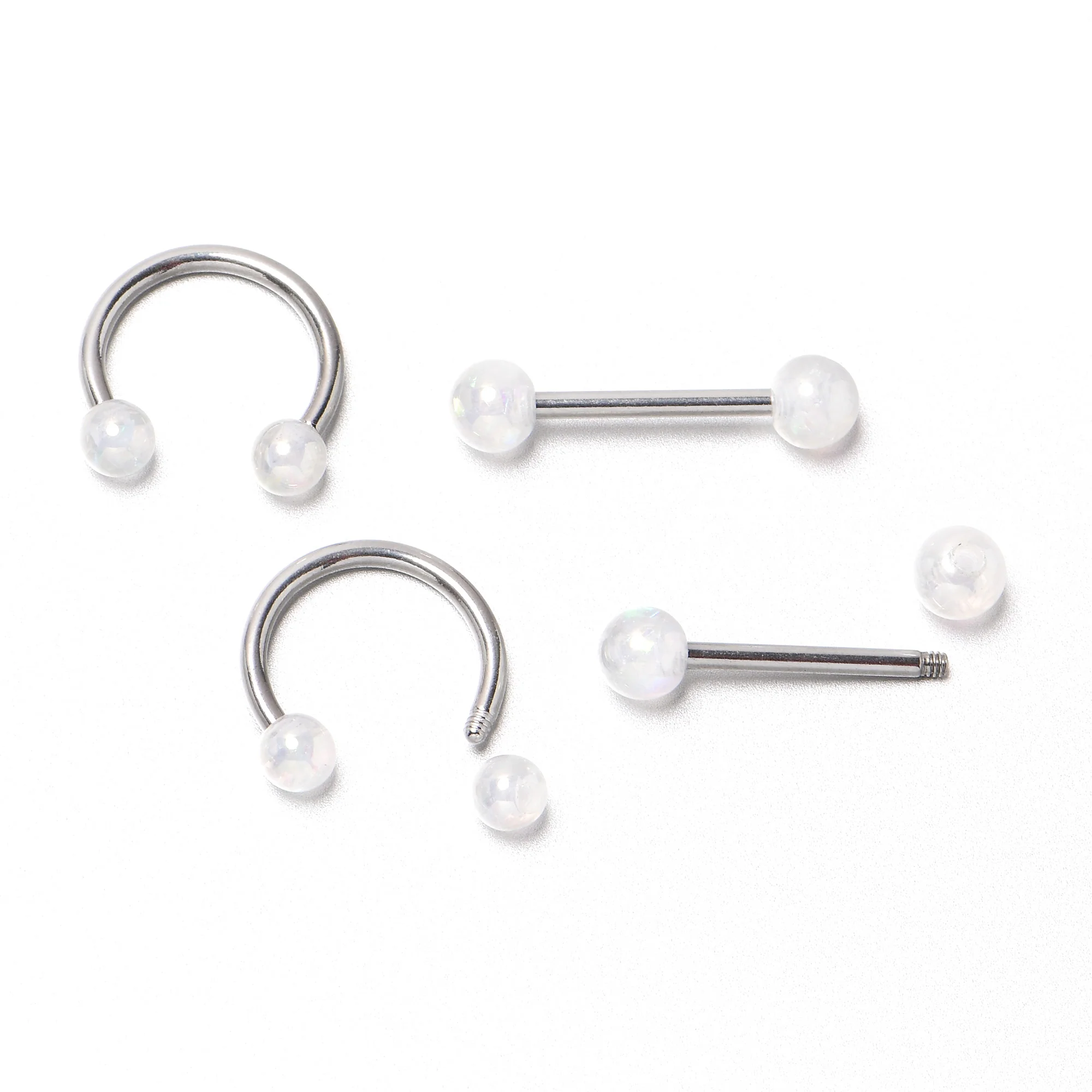 14G 9/16 White Faux Opal Horseshoe Barbell Nipple Ring Set of 4 - Image 8