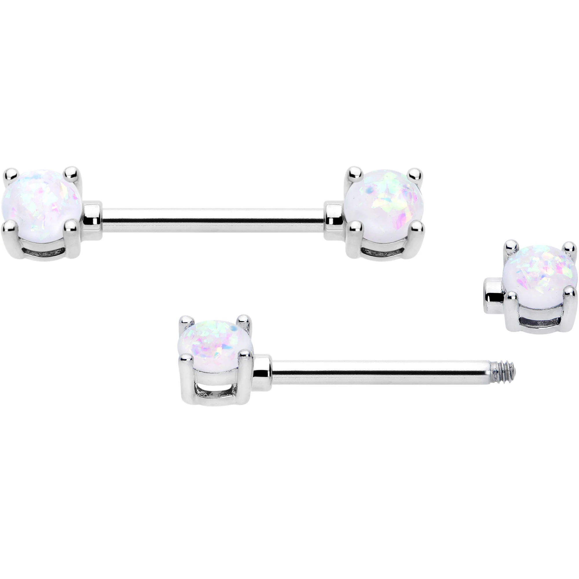 14G 9/16 White Faux Opal October Birthstone Nipple Ring Set - Image 3