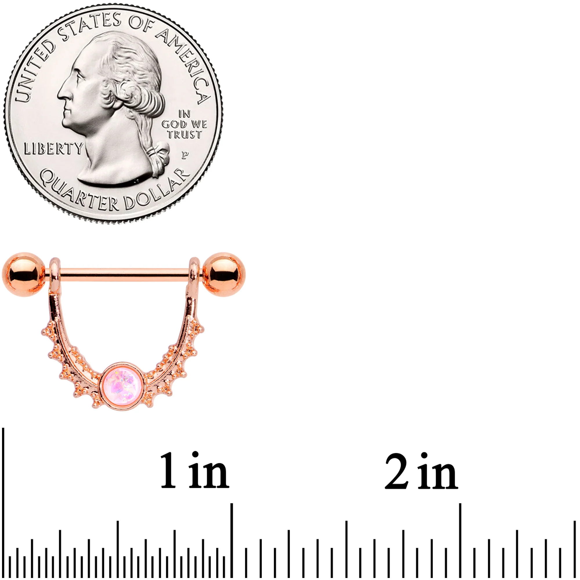 14G 9/16 White Faux Opal Rose Gold Tone Dangle Nipple Ring Set - Image 2