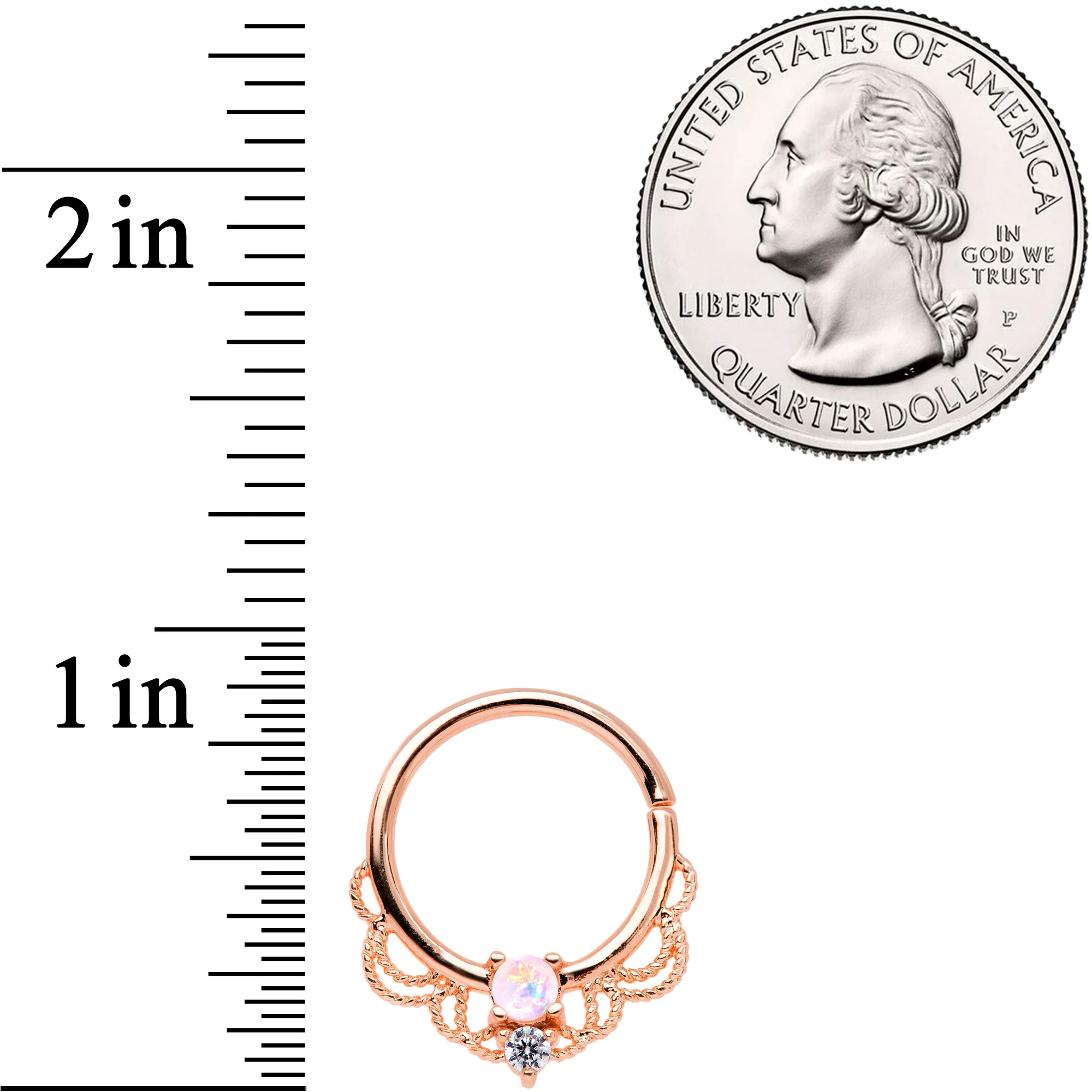 14G 9/16 White Faux Opal Rose Gold Tone Fancy Nipple Ring Set - Image 2