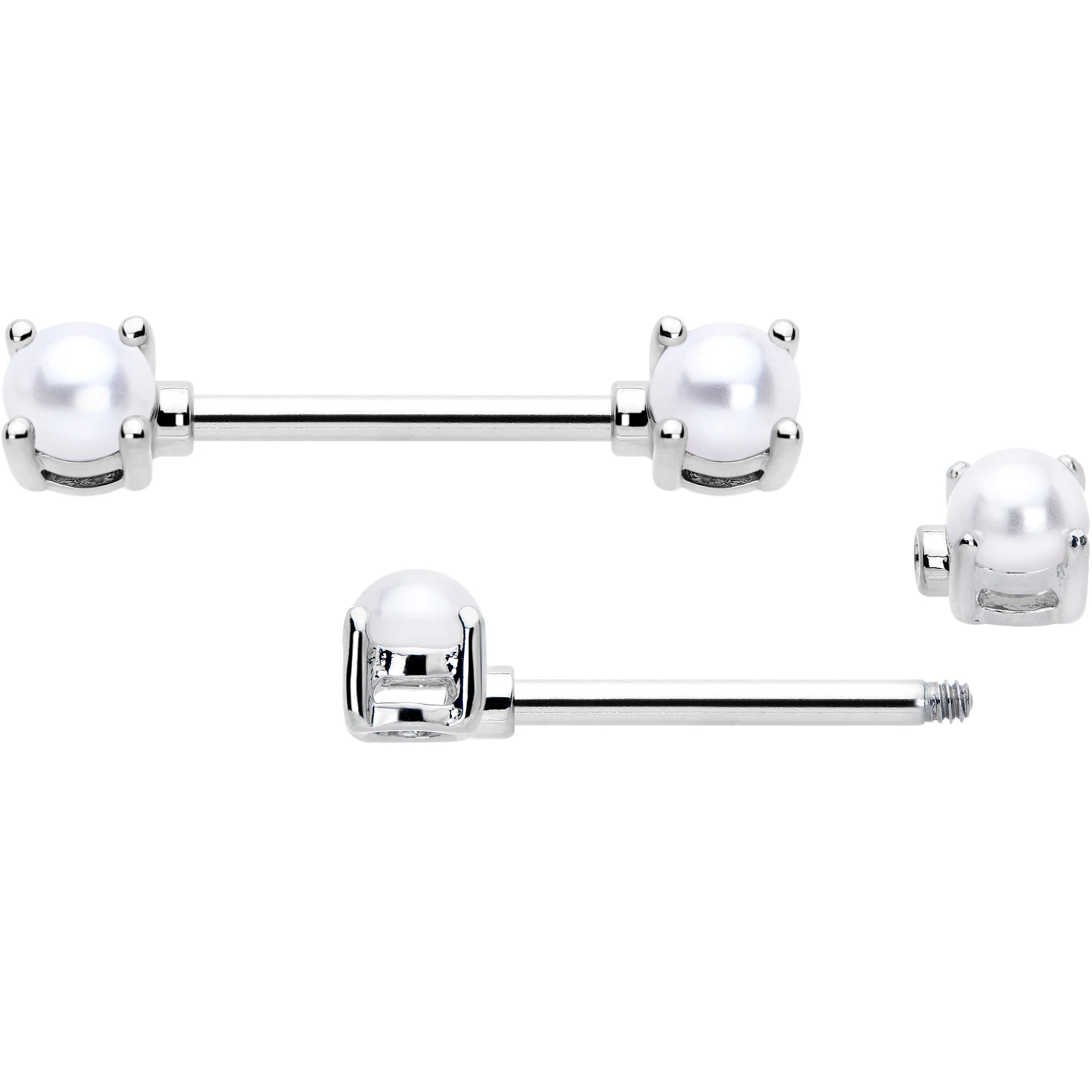 14G 9/16 White Faux Pearl June Birthstone Nipple Ring Set - Image 3