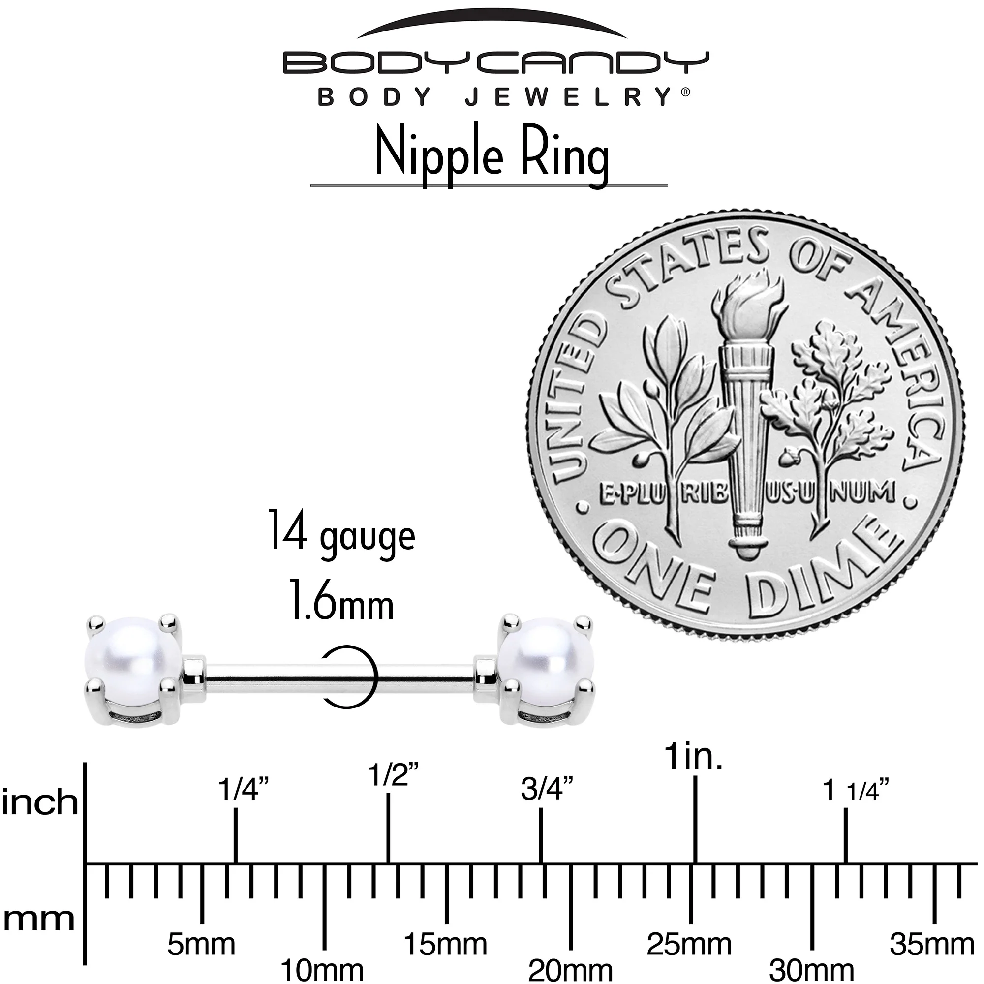 14G 9/16 White Faux Pearl June Birthstone Nipple Ring Set - Image 5