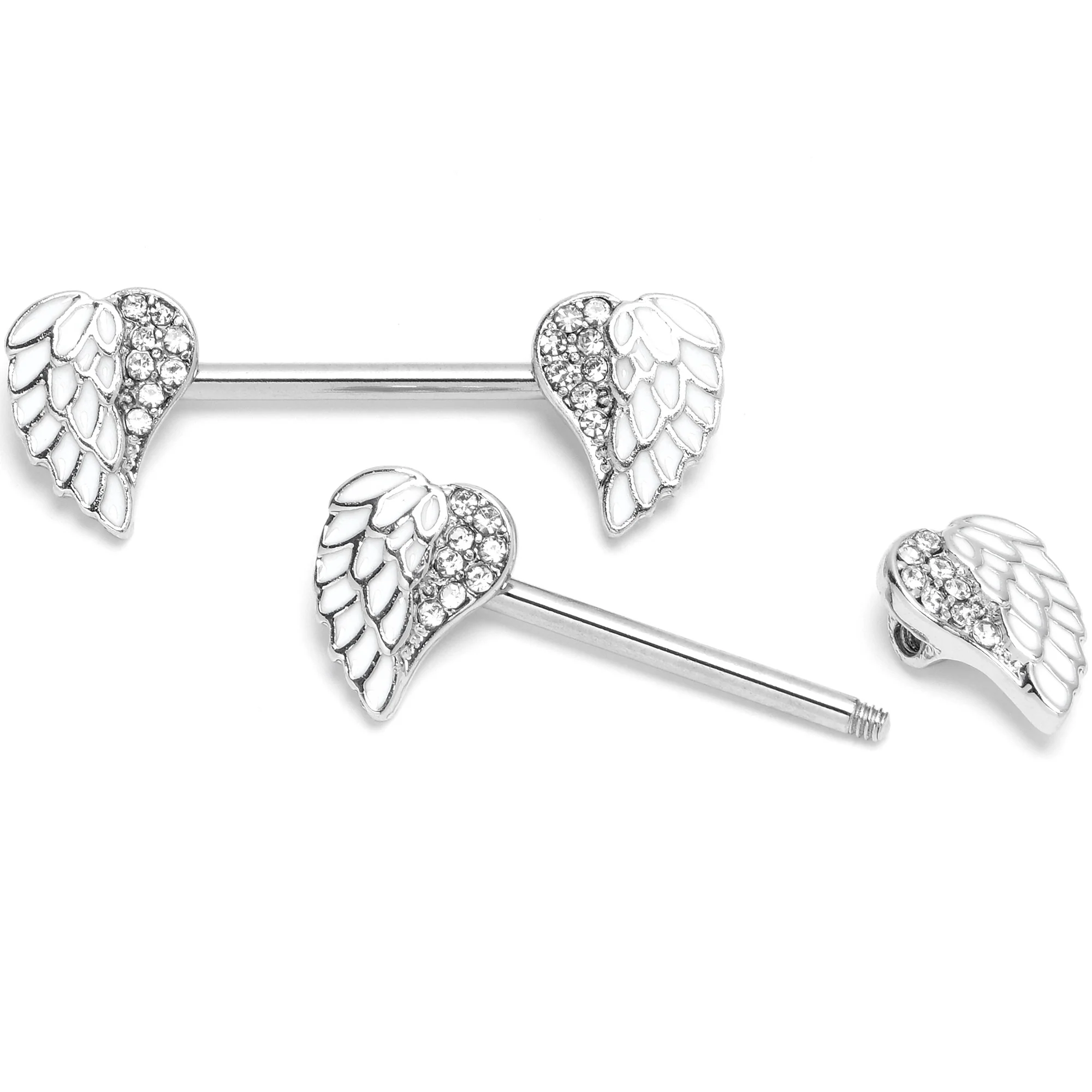 14G 9/16 White Heavenly Heart Angel Wings Barbell Nipple Ring Set - Image 2