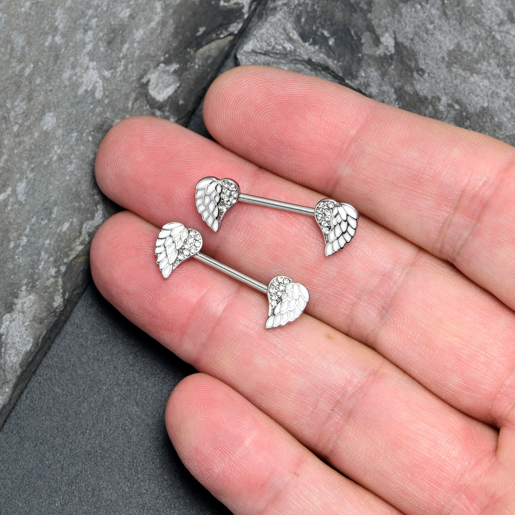 14G 9/16 White Heavenly Heart Angel Wings Barbell Nipple Ring Set - Image 3
