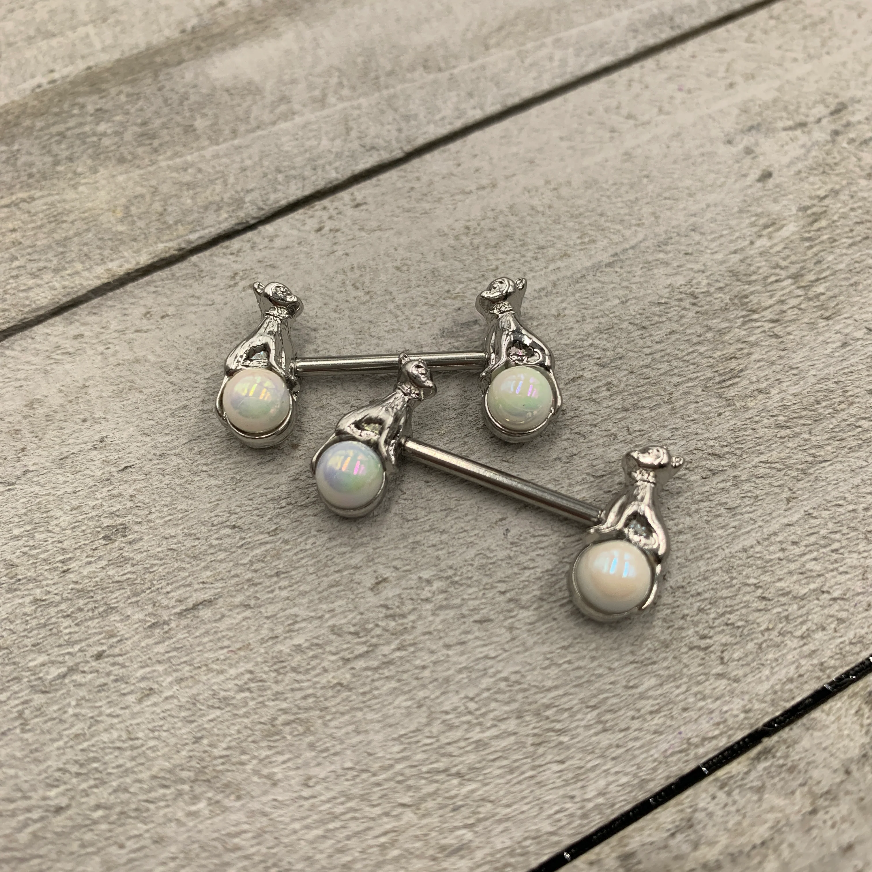 14G 9/16 White Orb Baby Bear Barbell Nipple Ring Set - Image 2