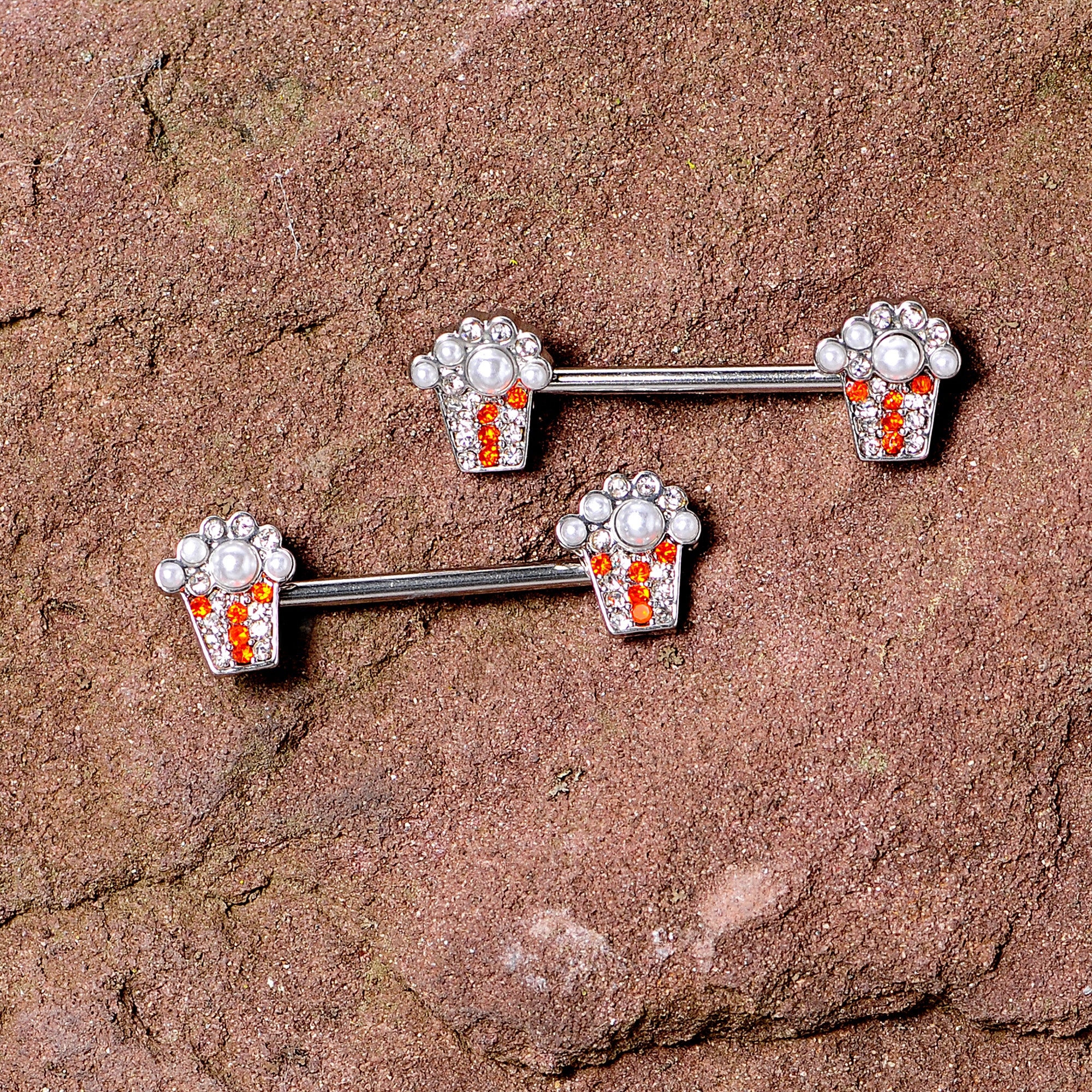 14G 9/16 White Orb Movie Night Popcorn Barbell Nipple Ring Set - Image 3