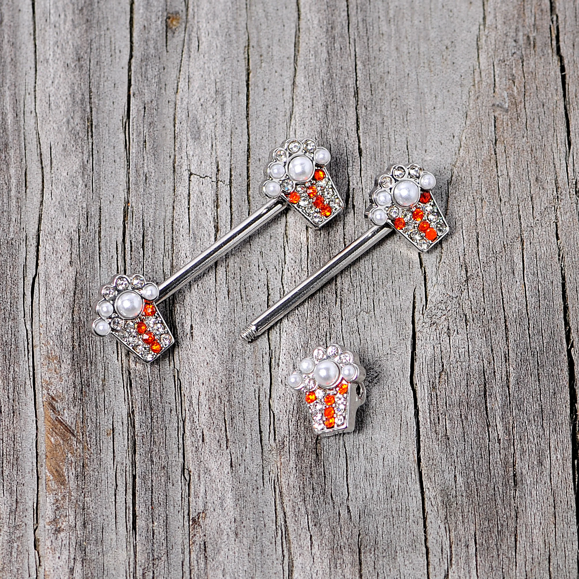 14G 9/16 White Orb Movie Night Popcorn Barbell Nipple Ring Set - Image 5
